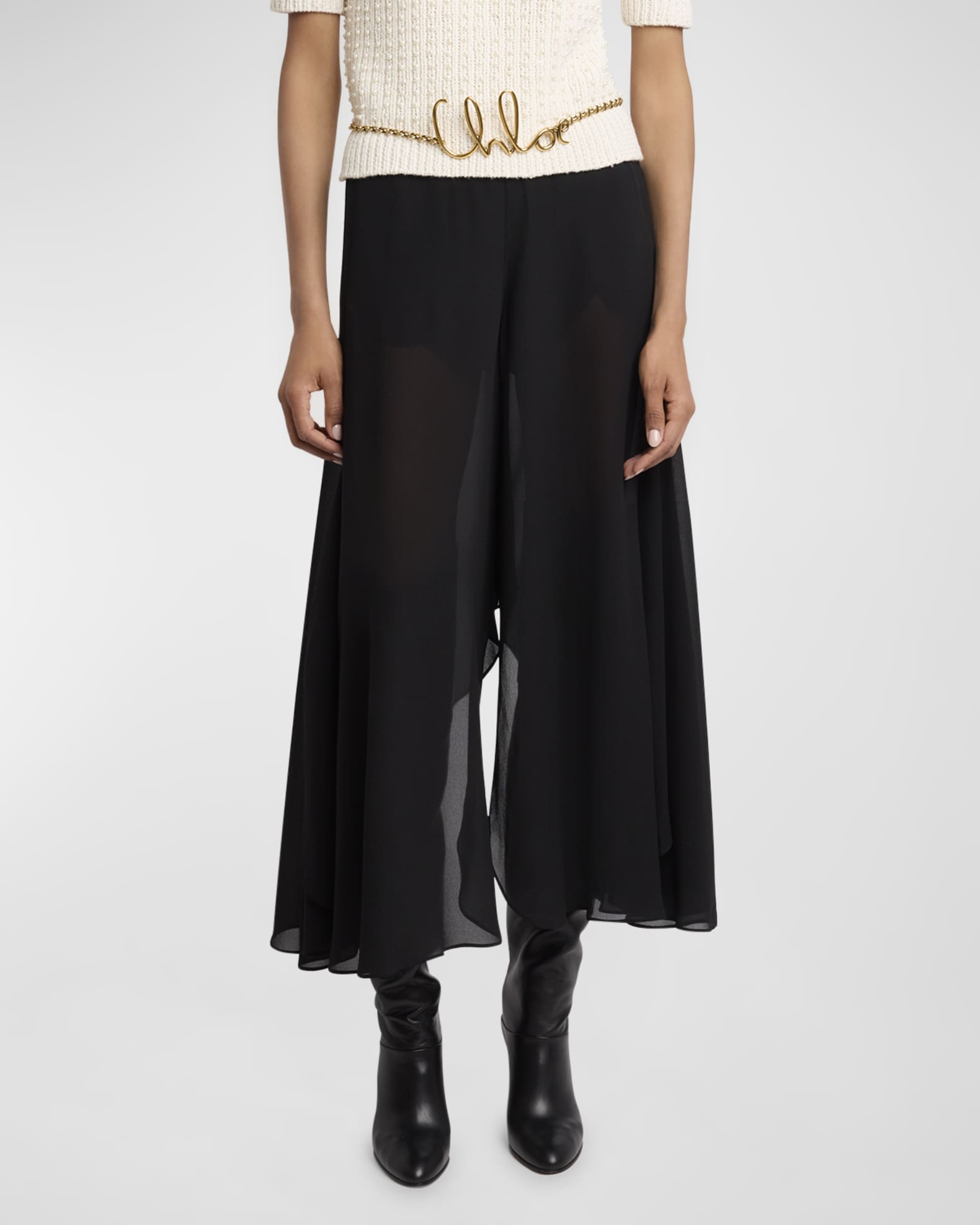 Silk Georgette Midi Pants with Skirt Overlay