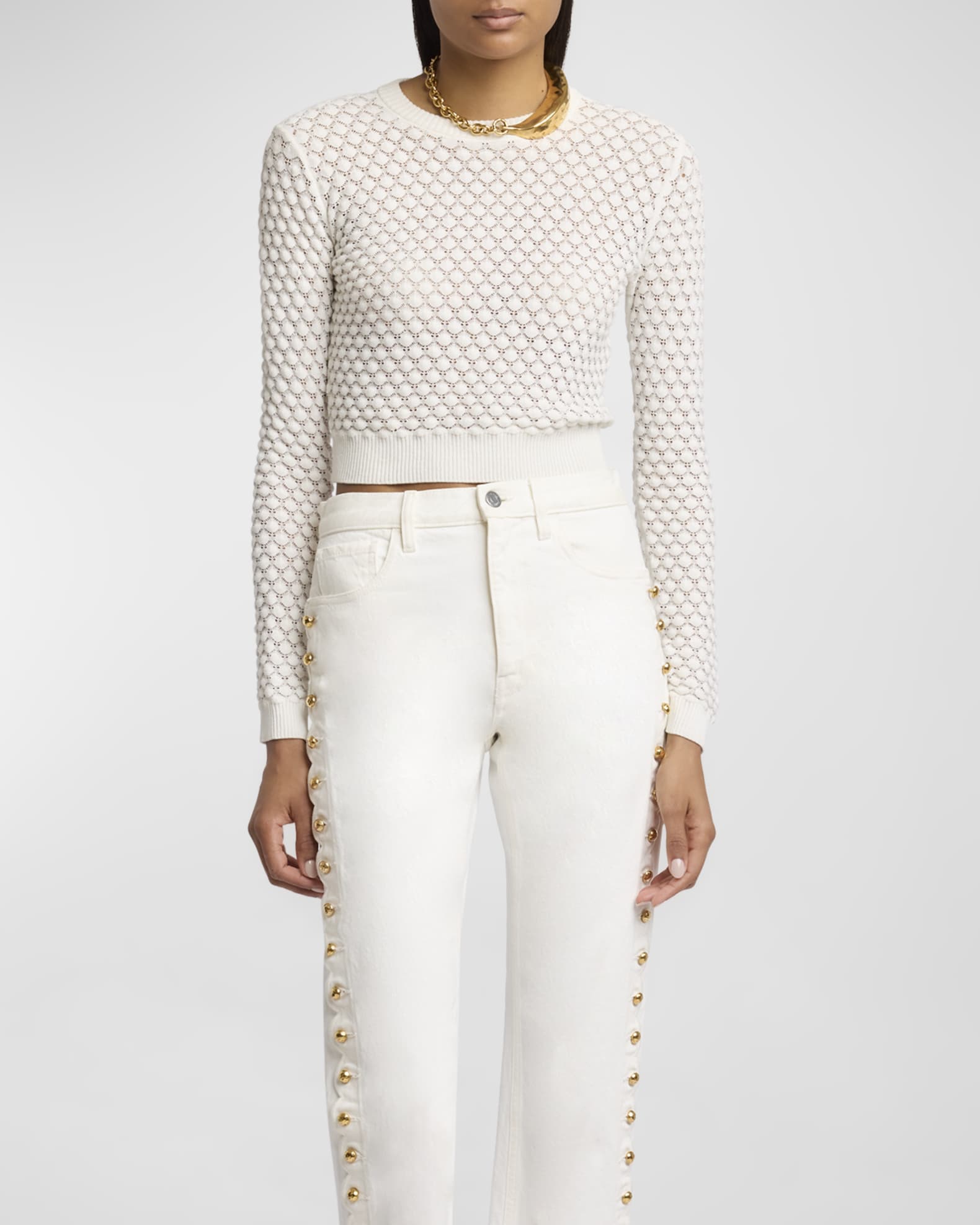 Chloe Cropped Pointelle knit Crewneck Sweater Iconic Milk