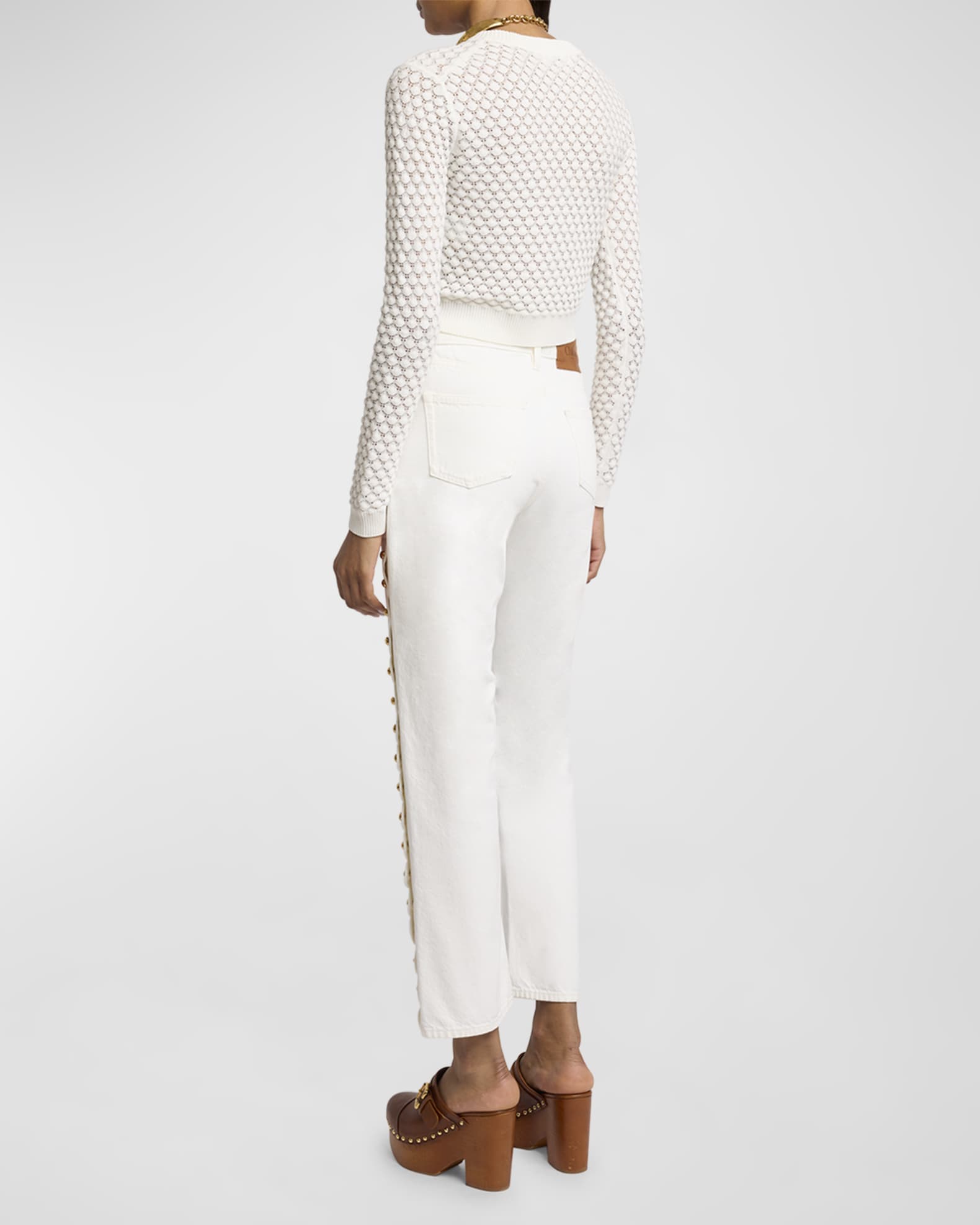 Pointelle Knit Cropped Crew Neck Sweater