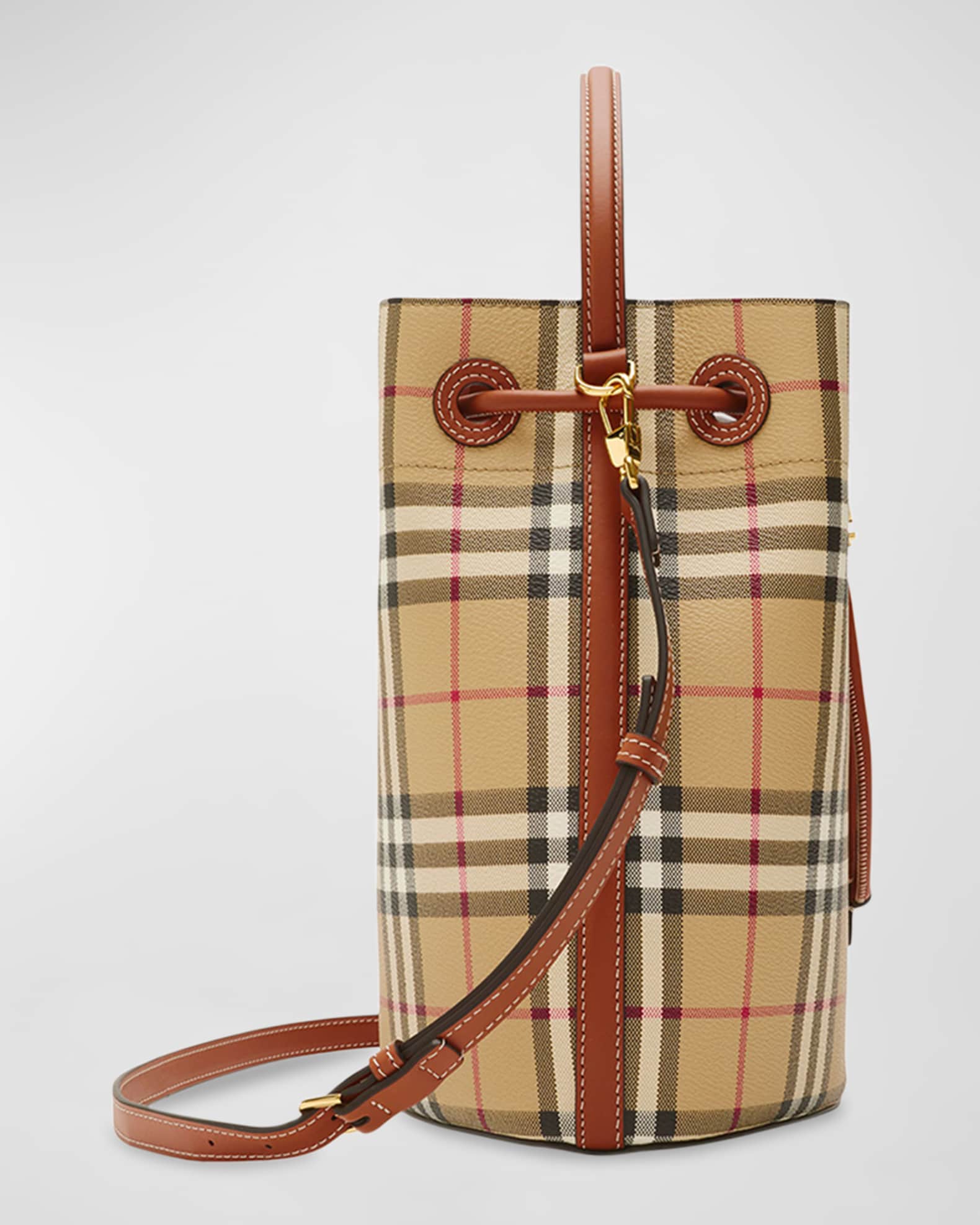 Small Check Drawstring Bucket Bag