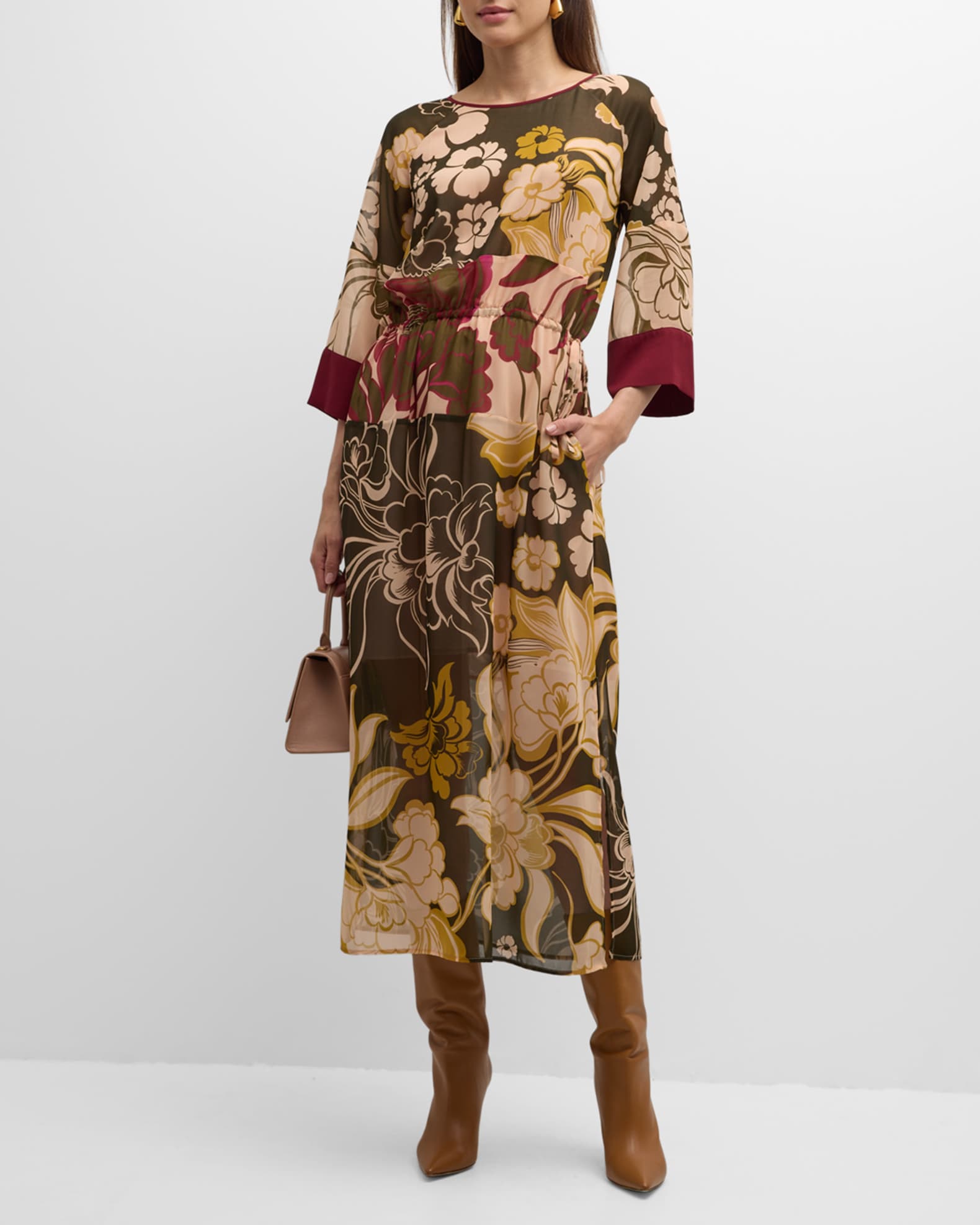 Mixed Floral Print 3 4 Sleeve Midi T Shirt Dress