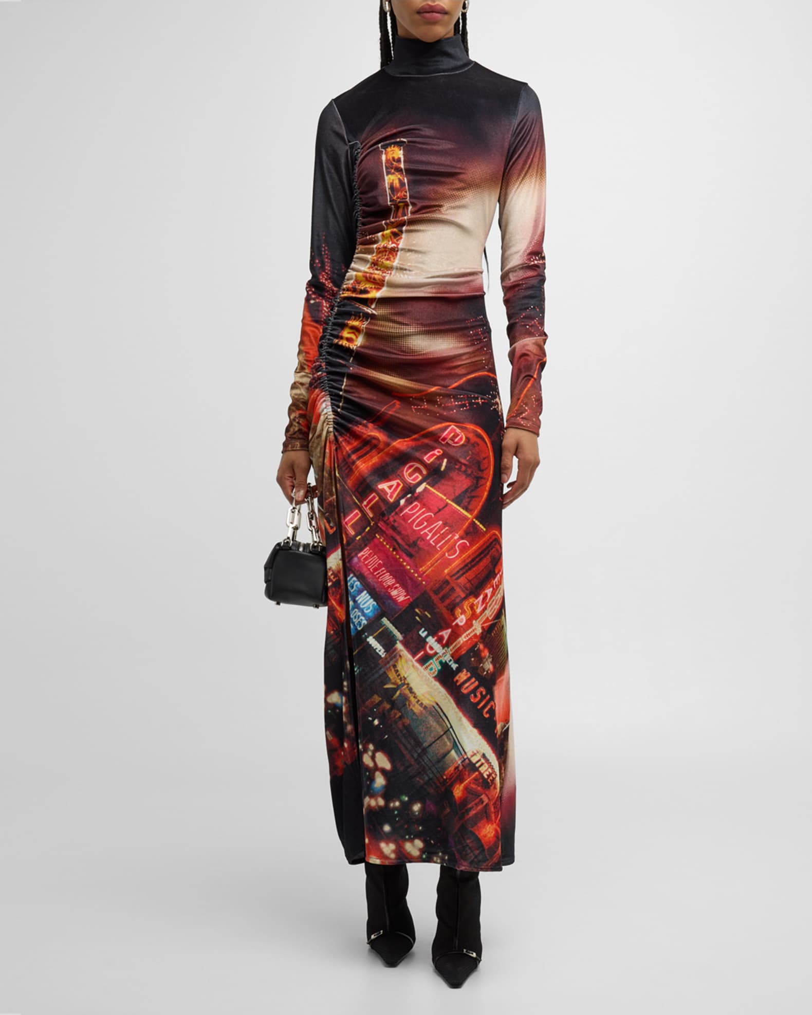 Jean Paul Gaultier Pigalle-Print Gathered Velvet Maxi Dress | Neiman Marcus
