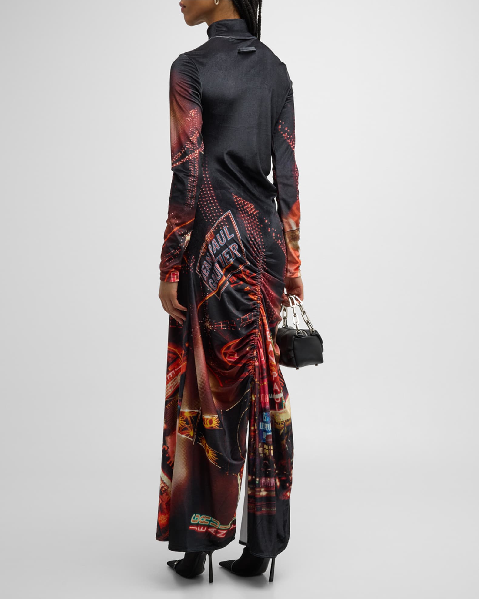 Jean Paul Gaultier Pigalle-Print Gathered Velvet Maxi Dress | Neiman Marcus