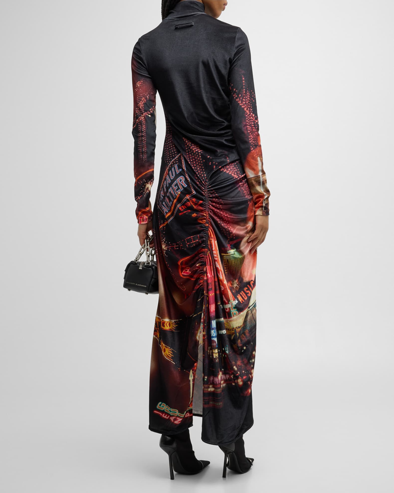 Jean Paul Gaultier Pigalle-Print Gathered Velvet Maxi Dress | Neiman Marcus