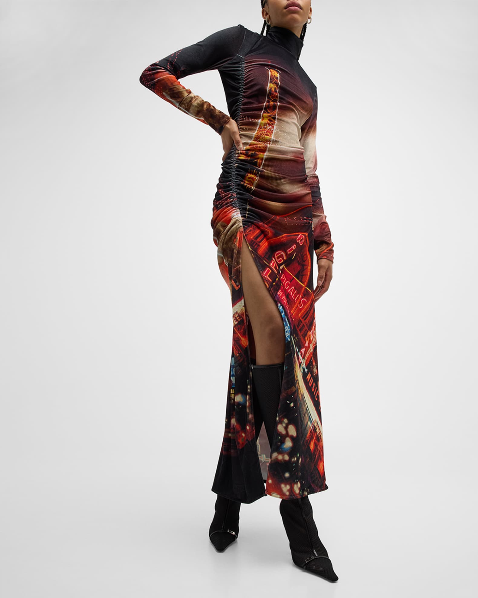 Jean Paul Gaultier Pigalle-Print Gathered Velvet Maxi Dress | Neiman Marcus