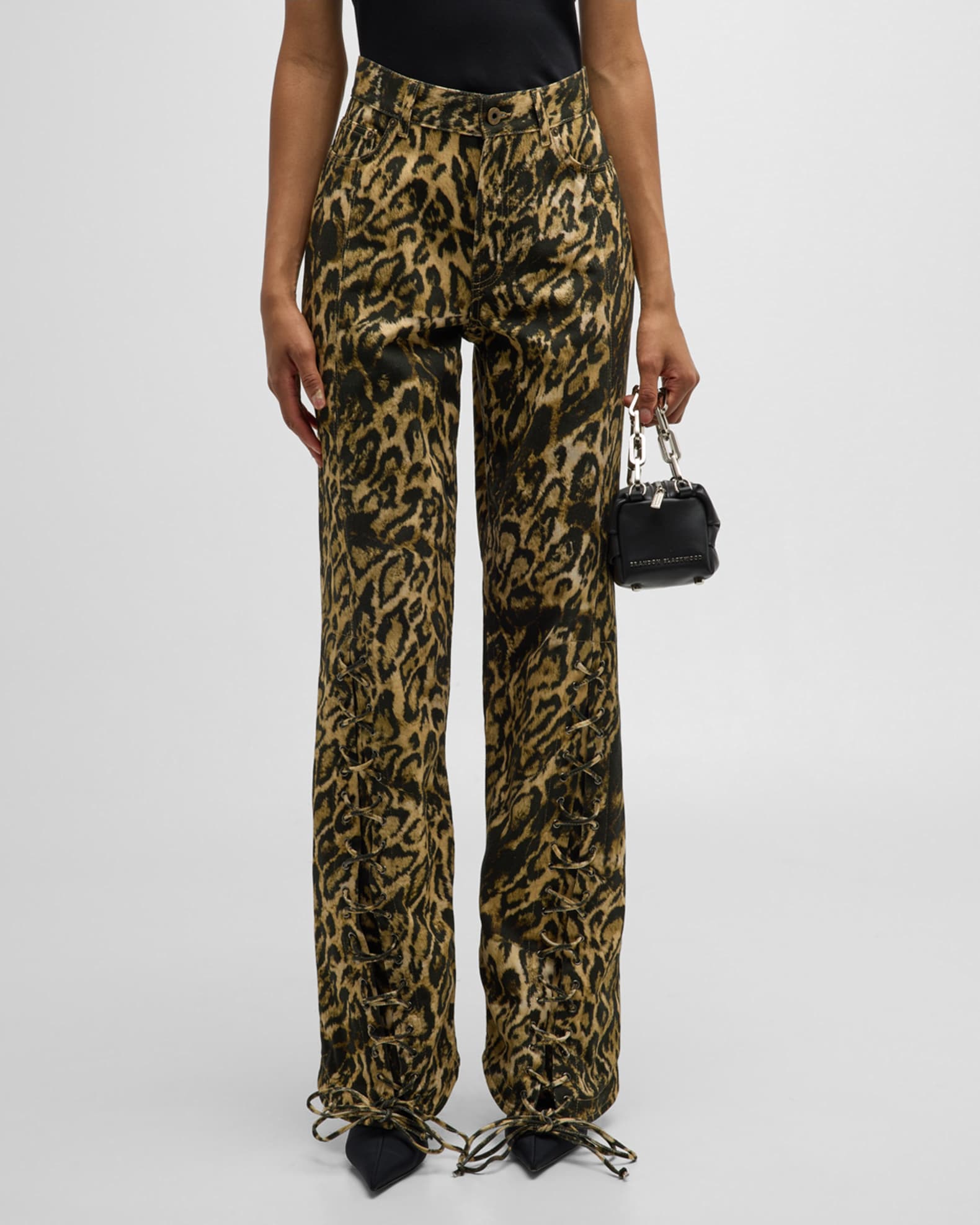 Jean Paul Gaultier LeopardPrint Laced WideLeg Denim Pants Neiman Marcus