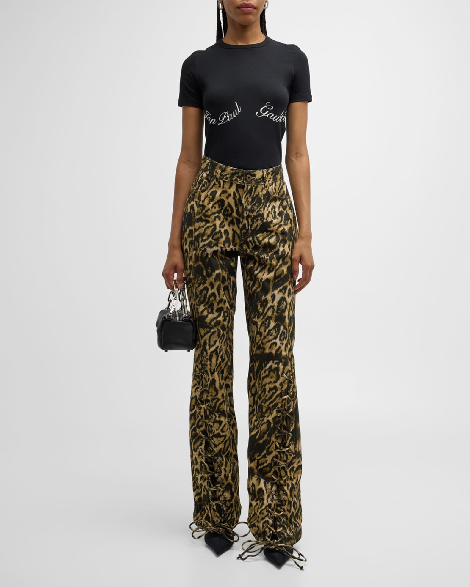 Jean Paul Gaultier LeopardPrint Laced WideLeg Denim Pants Neiman Marcus