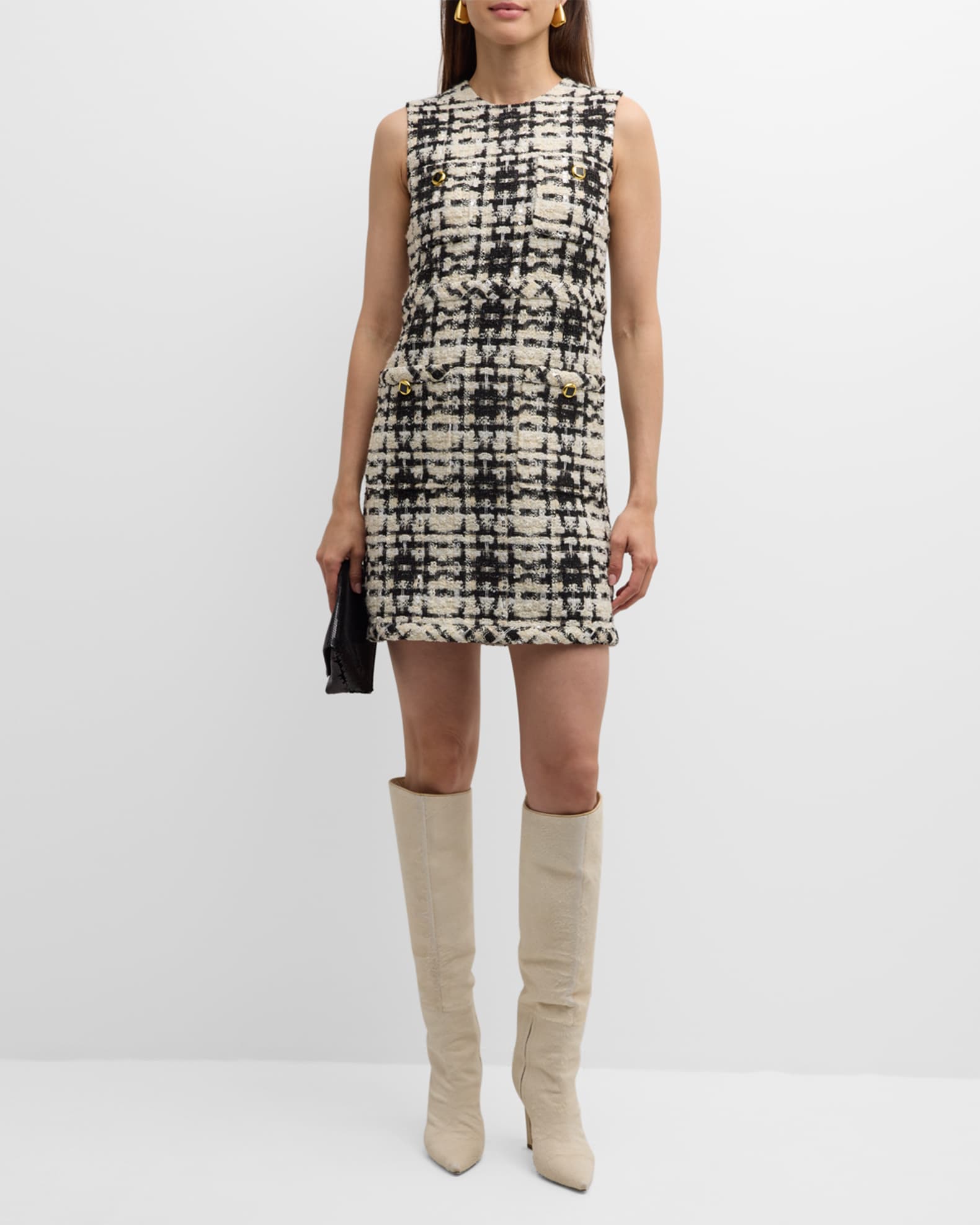 St. John Metallic Eyelash Tweed Plaid Sleeveless Mini Dress Neiman Marcus