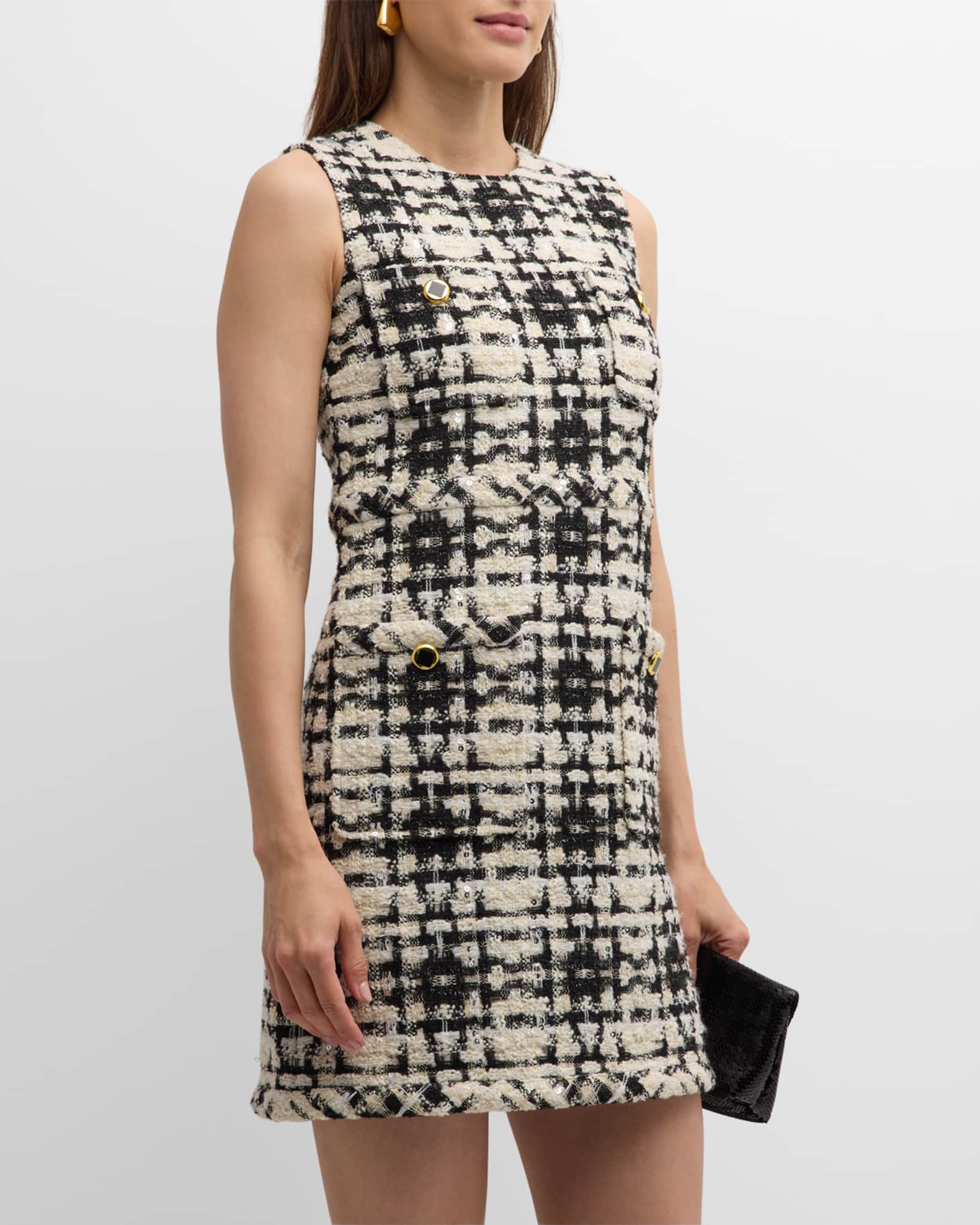St. John Metallic Eyelash Tweed Plaid Sleeveless Mini Dress Neiman Marcus