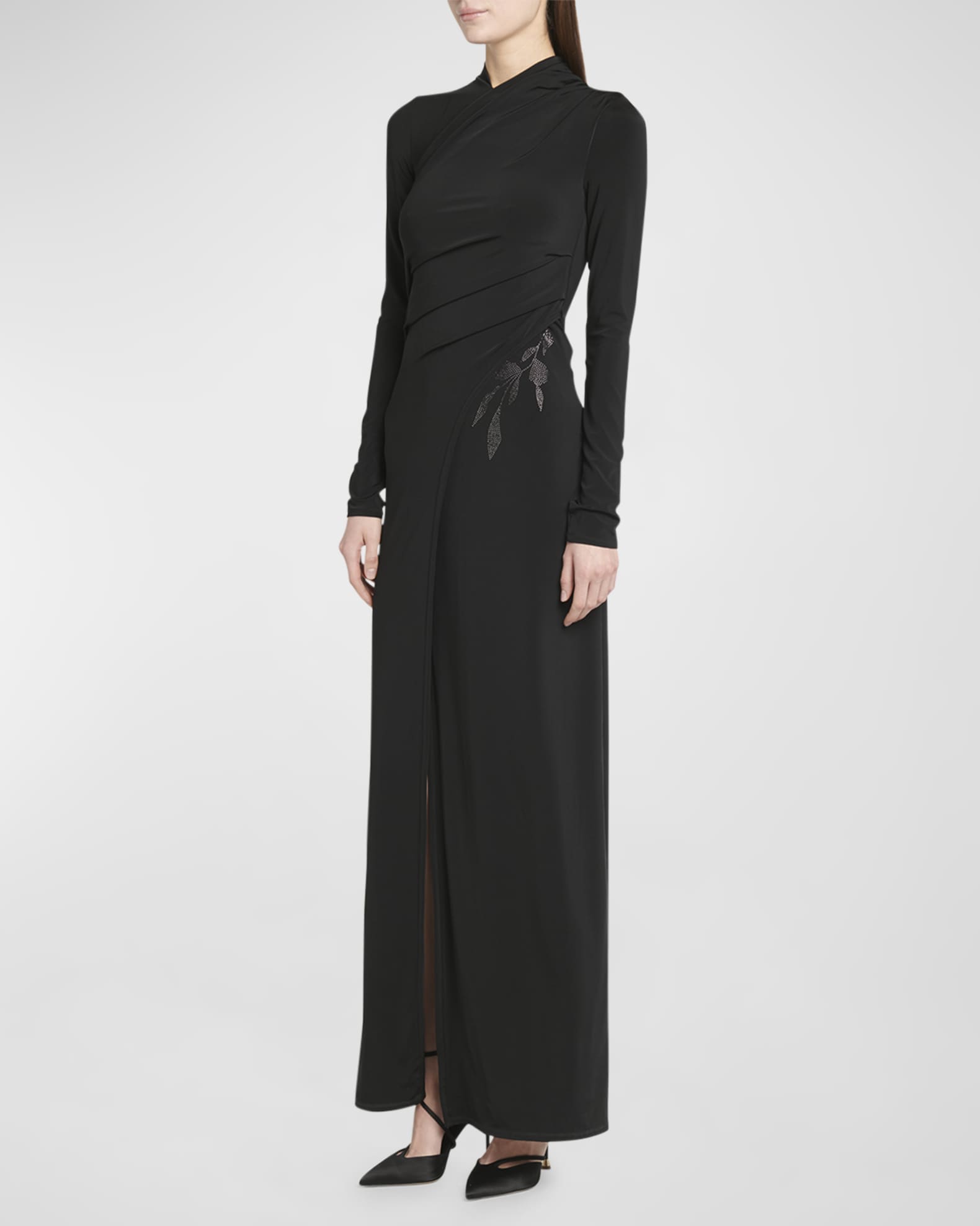 Giorgio Armani Jersey Column Gown With Beaded Floral Detail - Black