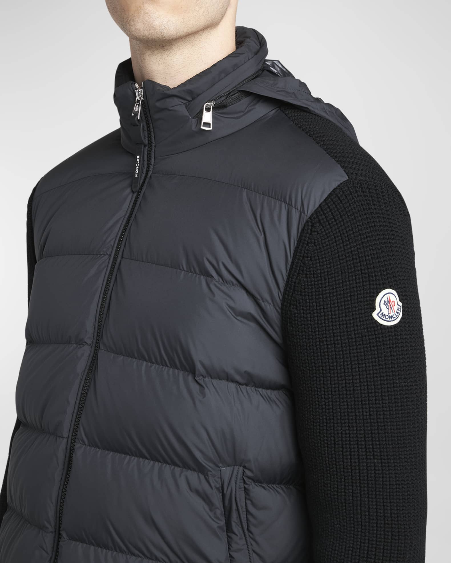 Moncler Men's Wool Knit Padded Jacket With Hood | Neiman Marcus