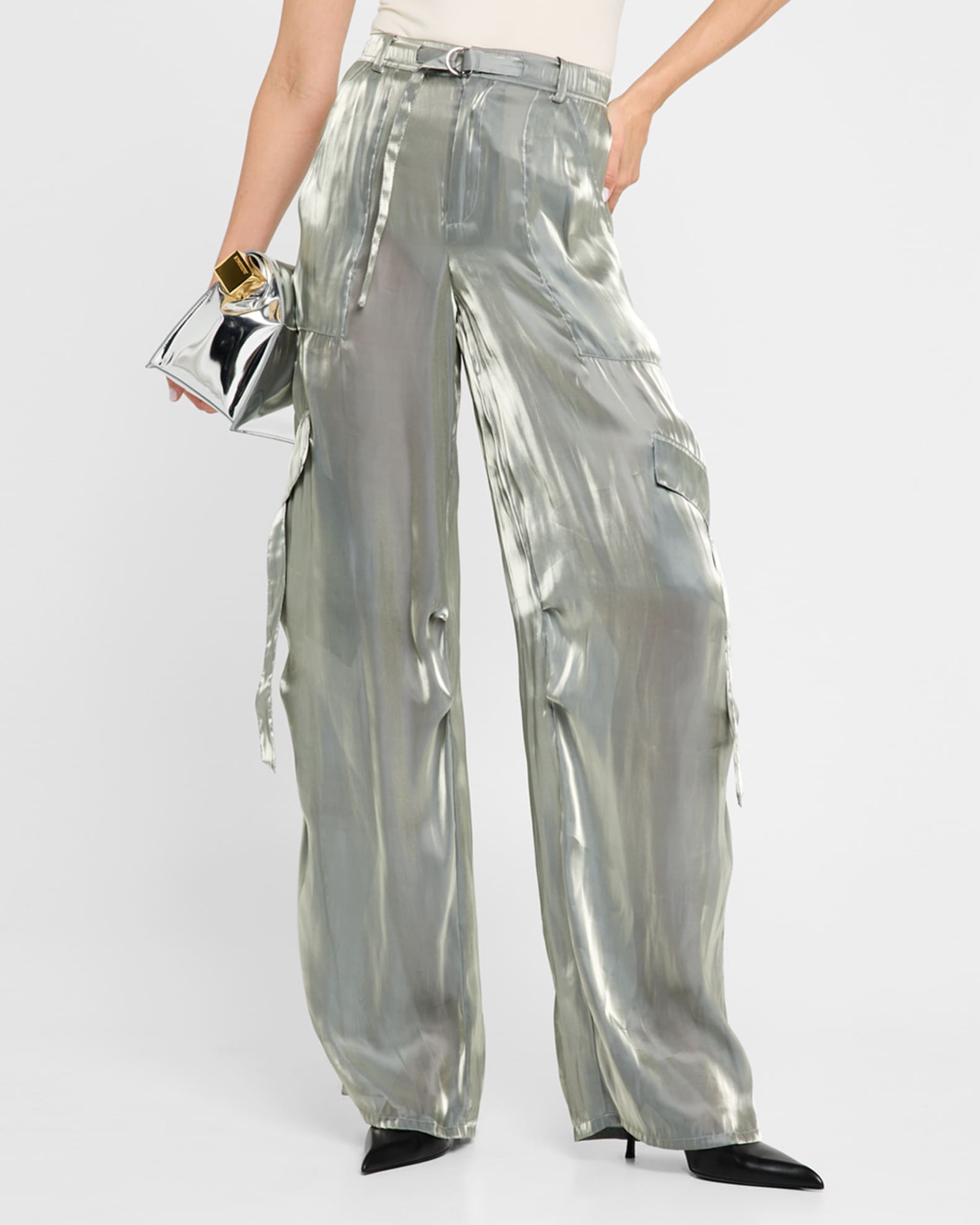 Metallic Organza Belted Straight-Leg Cargo Pants 1