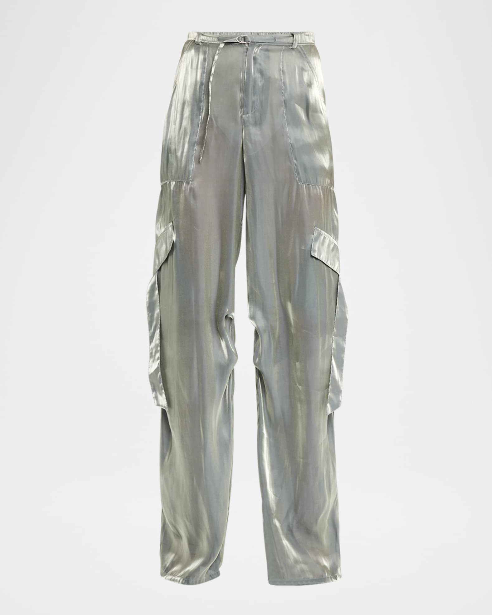 Metallic Organza Belted Straight-Leg Cargo Pants 0