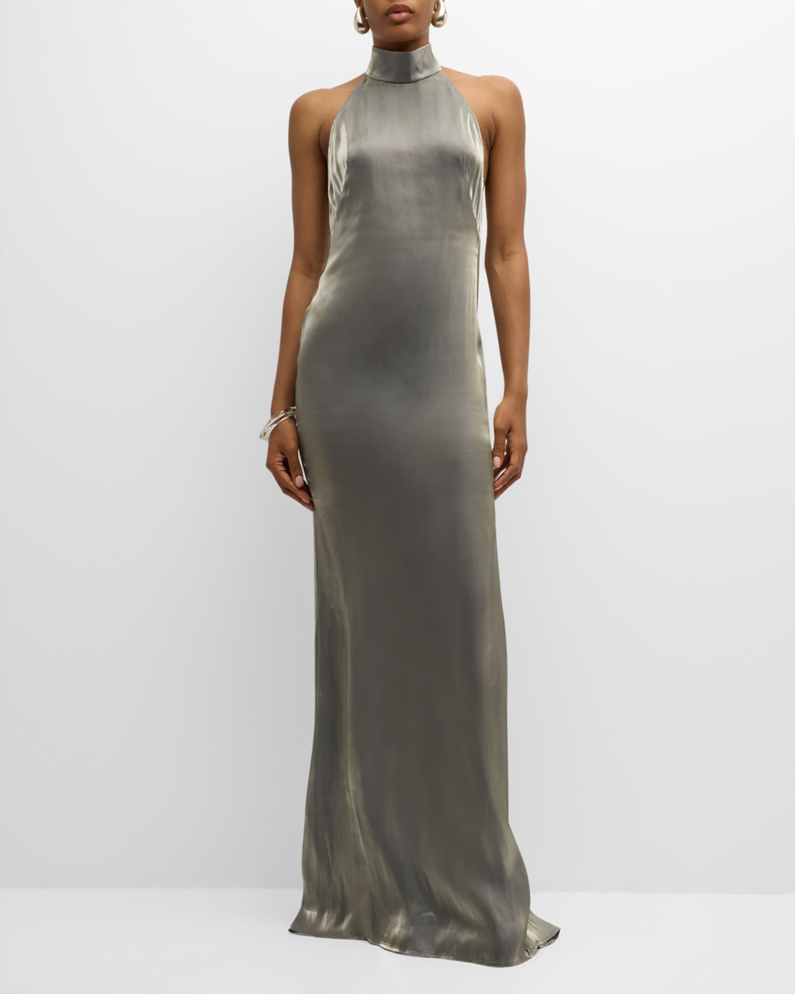 LAPOINTE Metallic Organza Backless Halter Gown Neiman Marcus