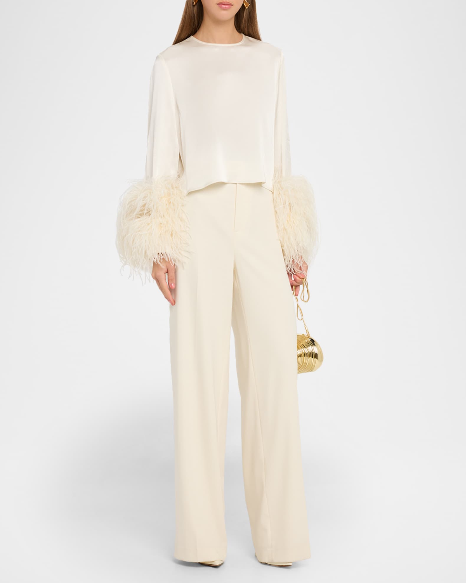 Feather-Trim Long-Sleeve Crop Satin Top 1
