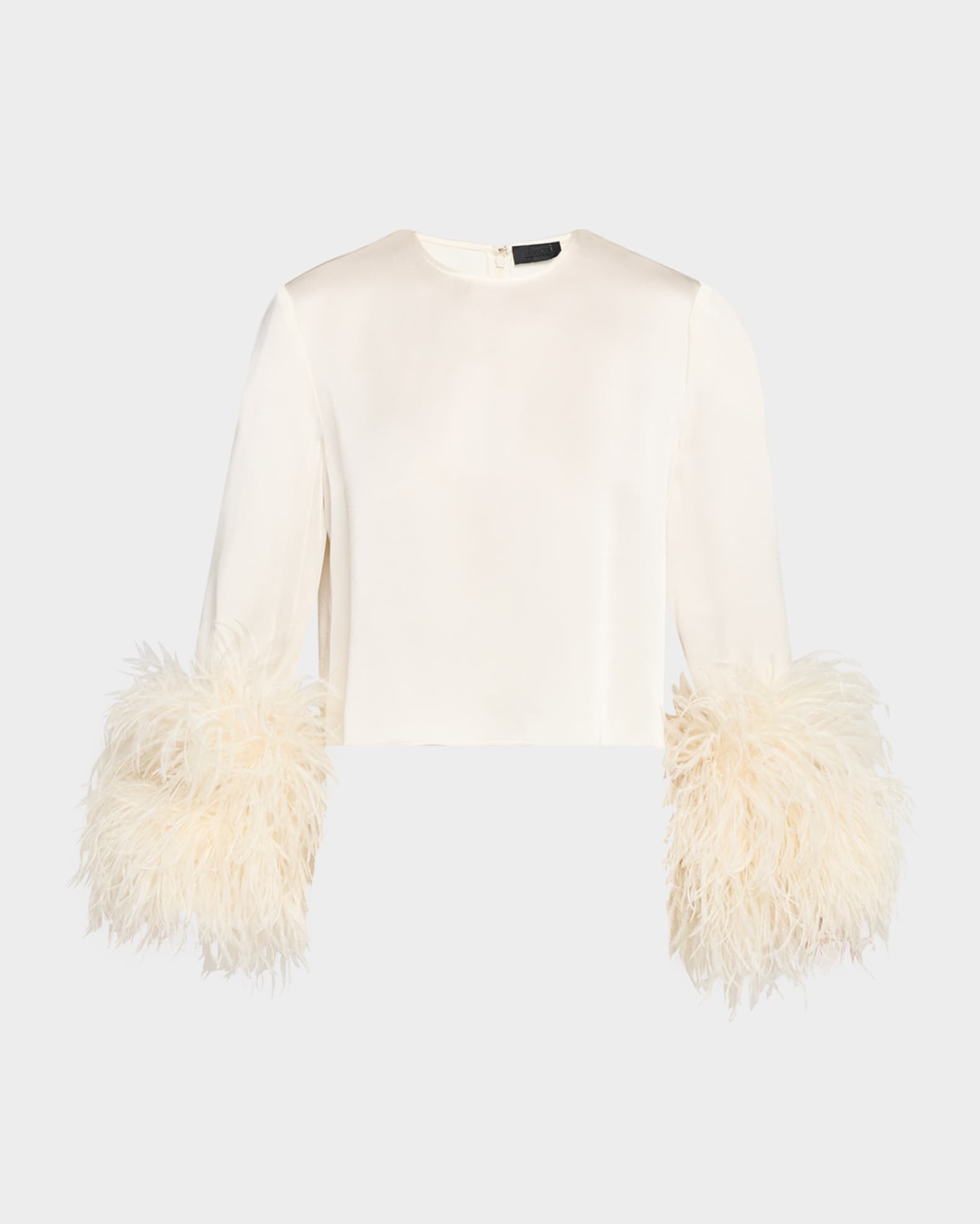 Feather-Trim Long-Sleeve Crop Satin Top 0