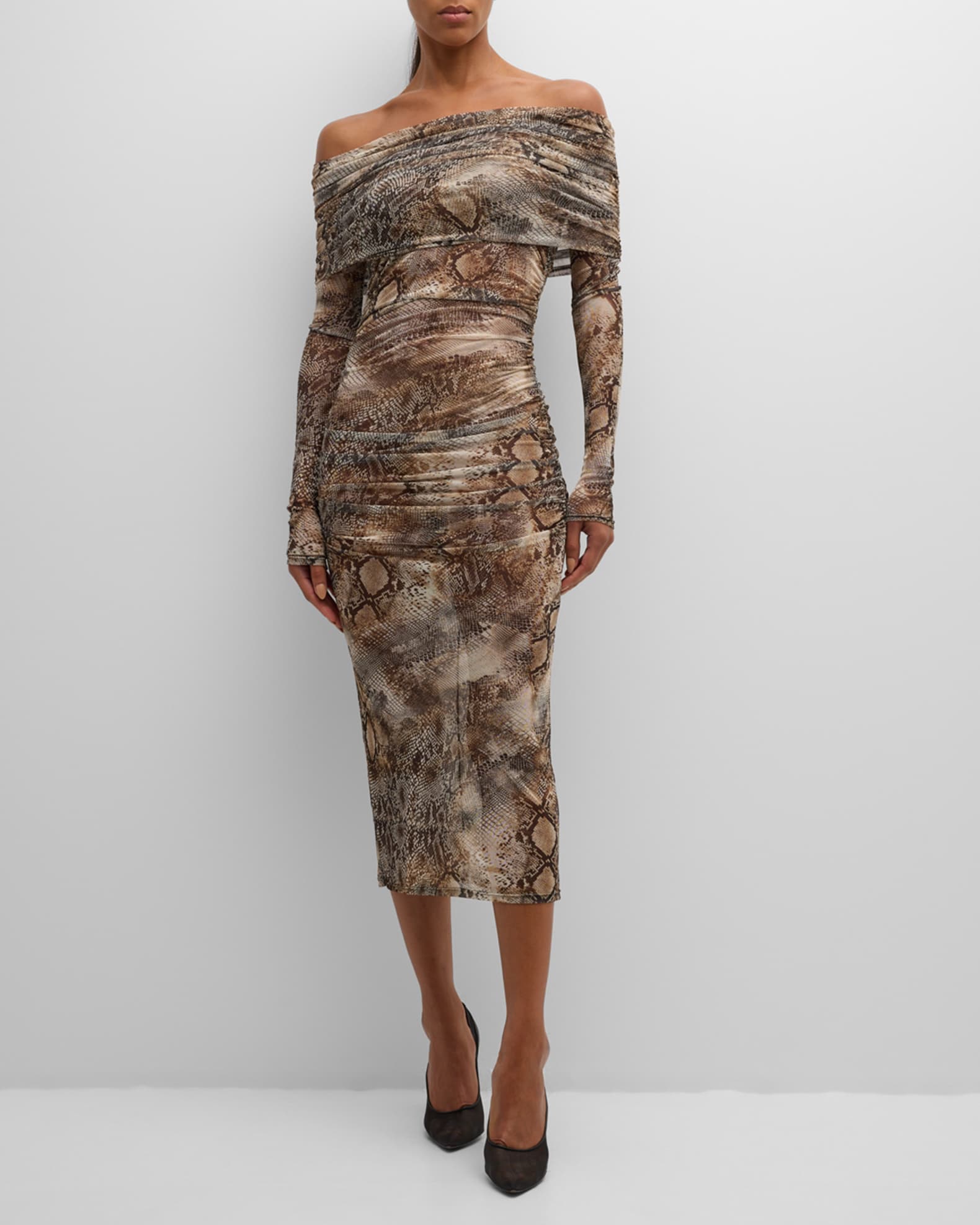 Snakeskin Print Mesh Off The Shoulder Midi Dress