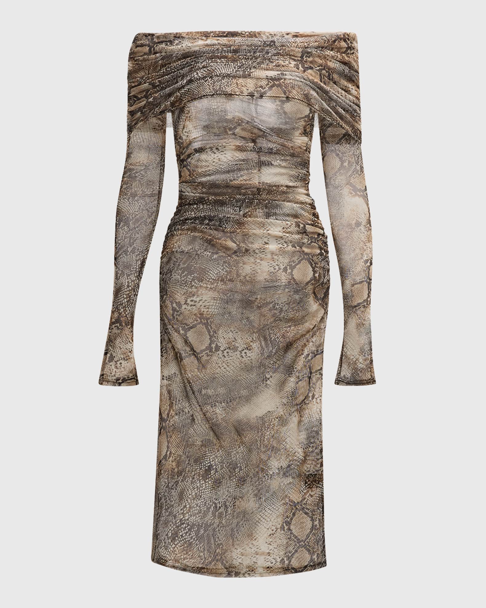 Snakeskin Print Mesh Off The Shoulder Midi Dress