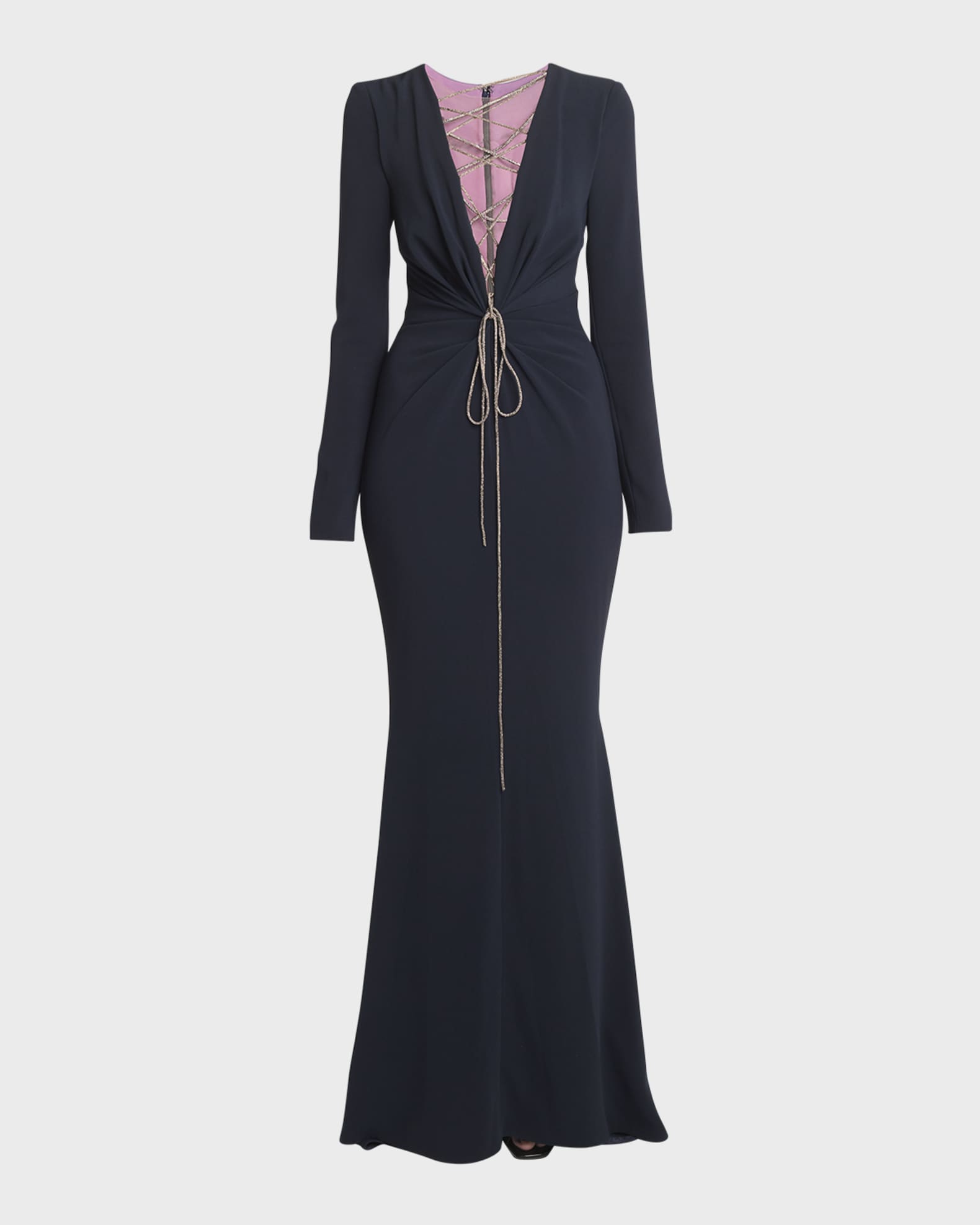 Talbot Runhof Lace Up Plunging Long Sleeve Cady Trumpet Gown Midnight Women s 2 Long Sleeve Gowns