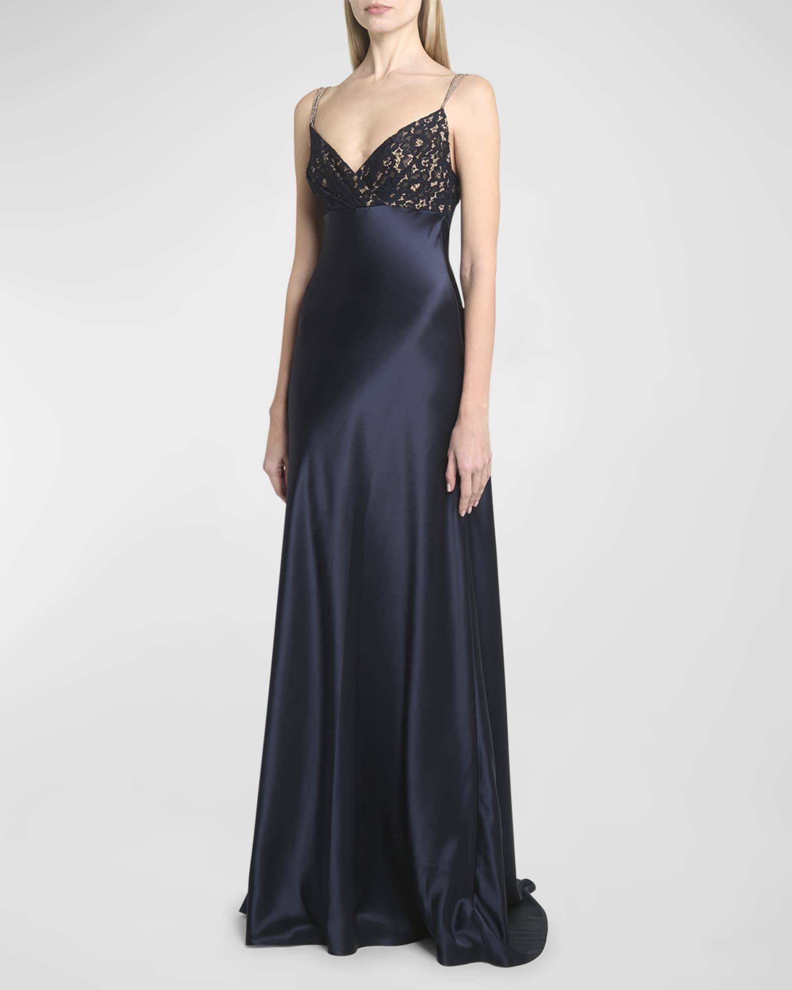 Talbot Runhof Lace Empire Waist Satin Gown Neiman Marcus