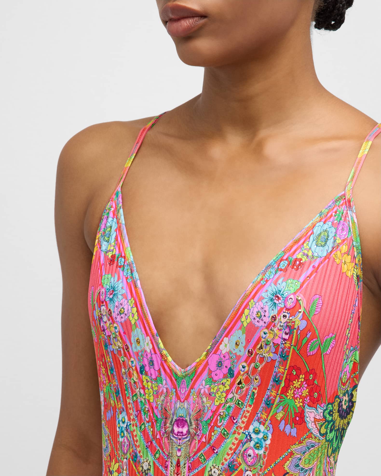 V NECK ONE PIECE WITH MULTICLR STITCH WINDMILLS AND WILDFLOWERS