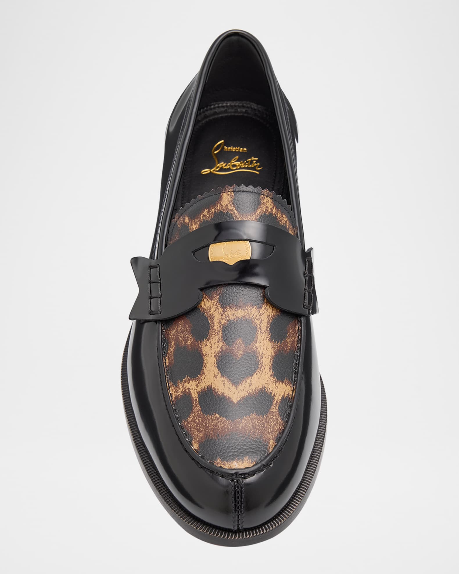 Christian Louboutin Men's Penny Leather Leopard-Print Loafers, Black/Multi, Men's, 10D, Loafers & Slip-Ons