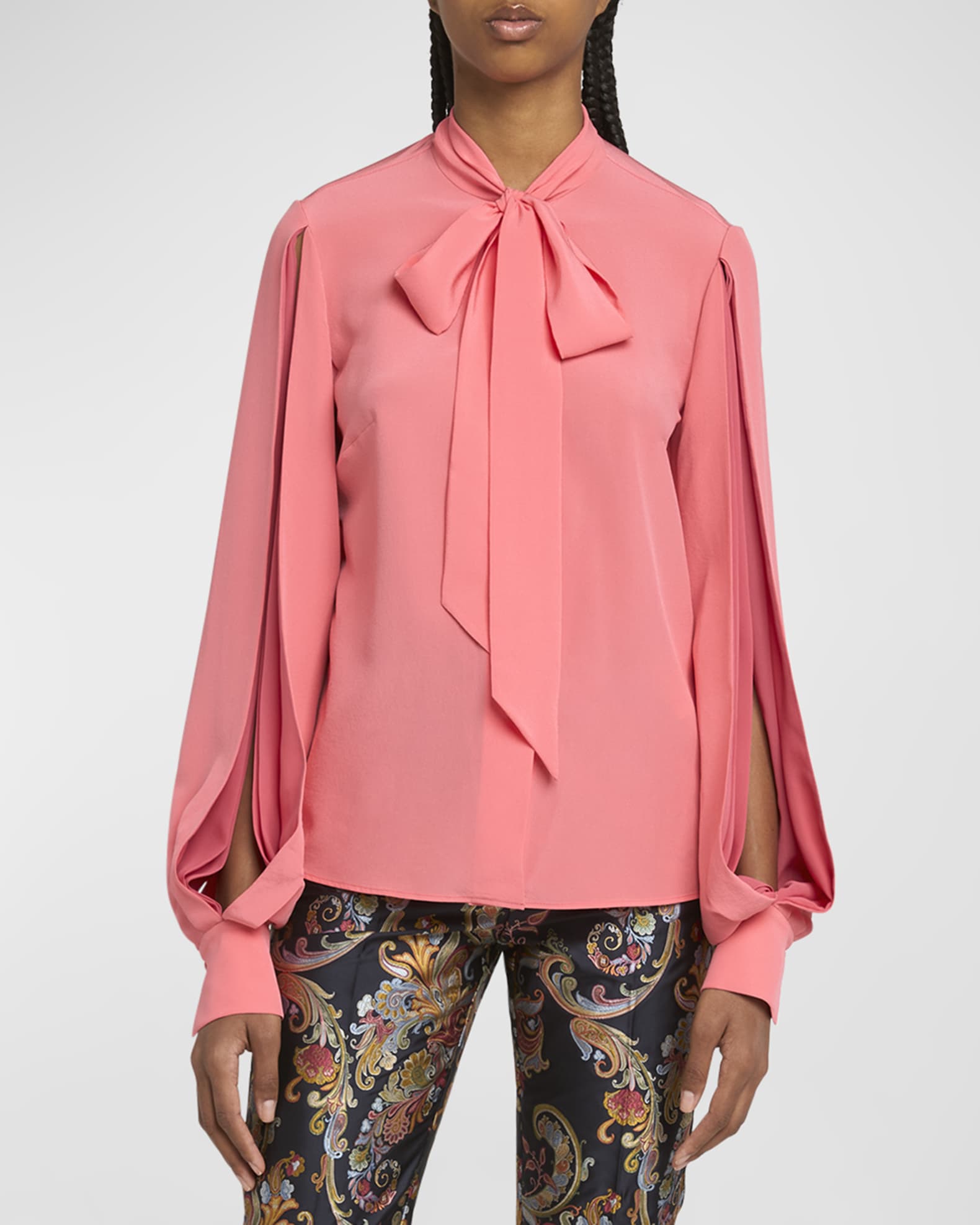 Etro Slit-Sleeve Neck-Tie Silk Blouse | Neiman Marcus