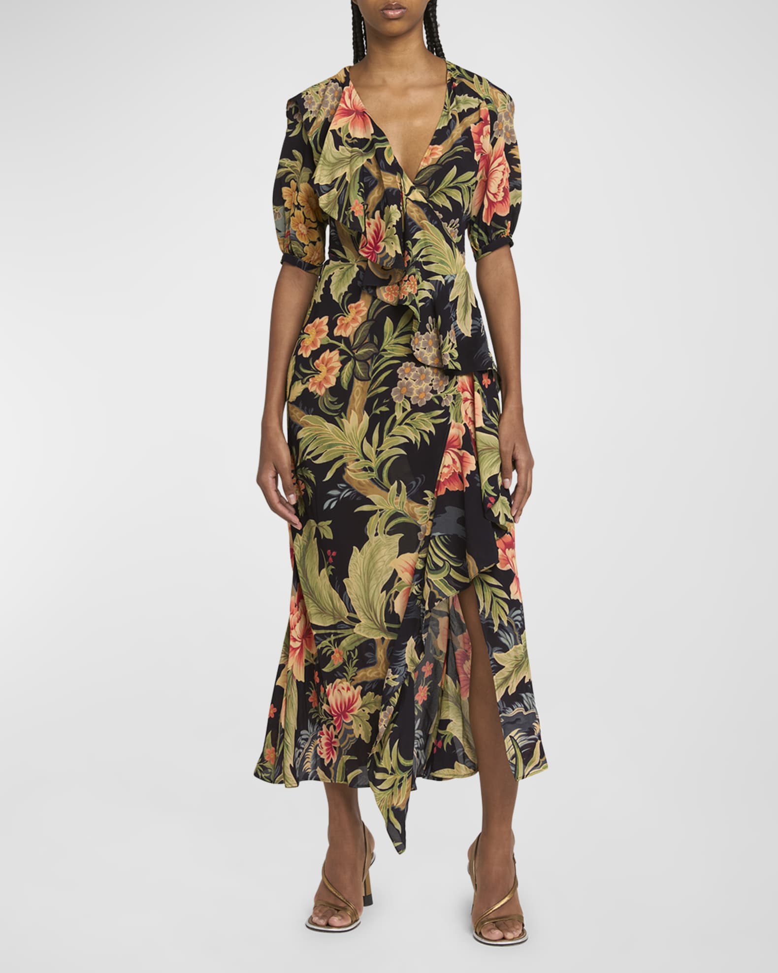 Idillium Floral Silk Georgette Ruffle Midi Wrap Dress 1