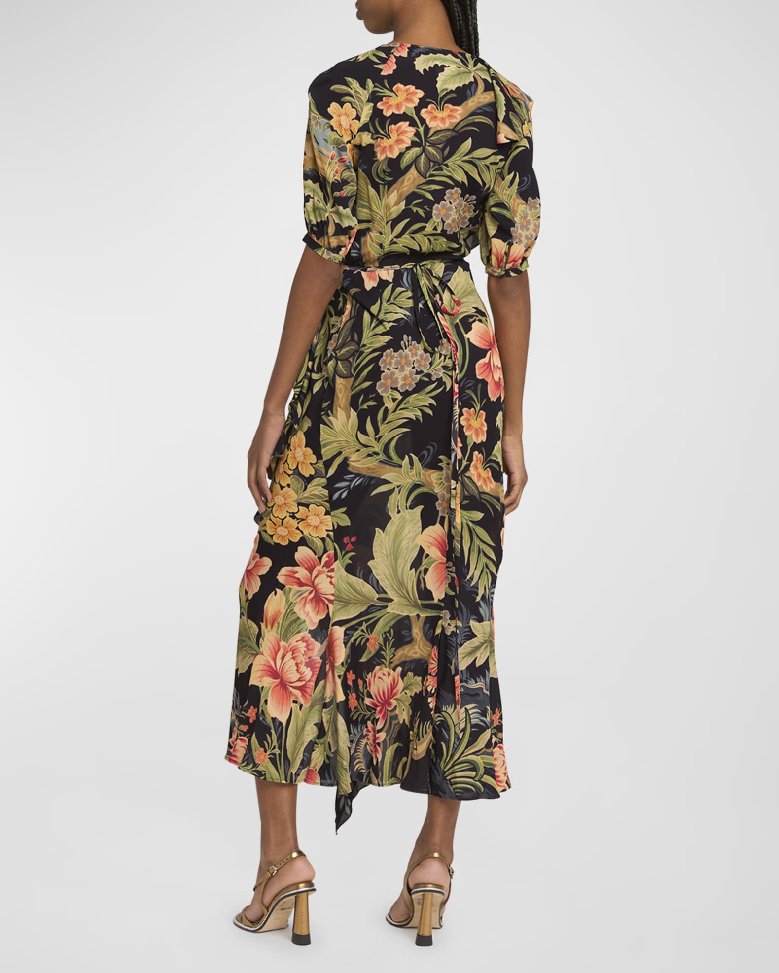 Etro Idillium Floral Silk Georgette Ruffle Midi Wrap Dress | Neiman Marcus