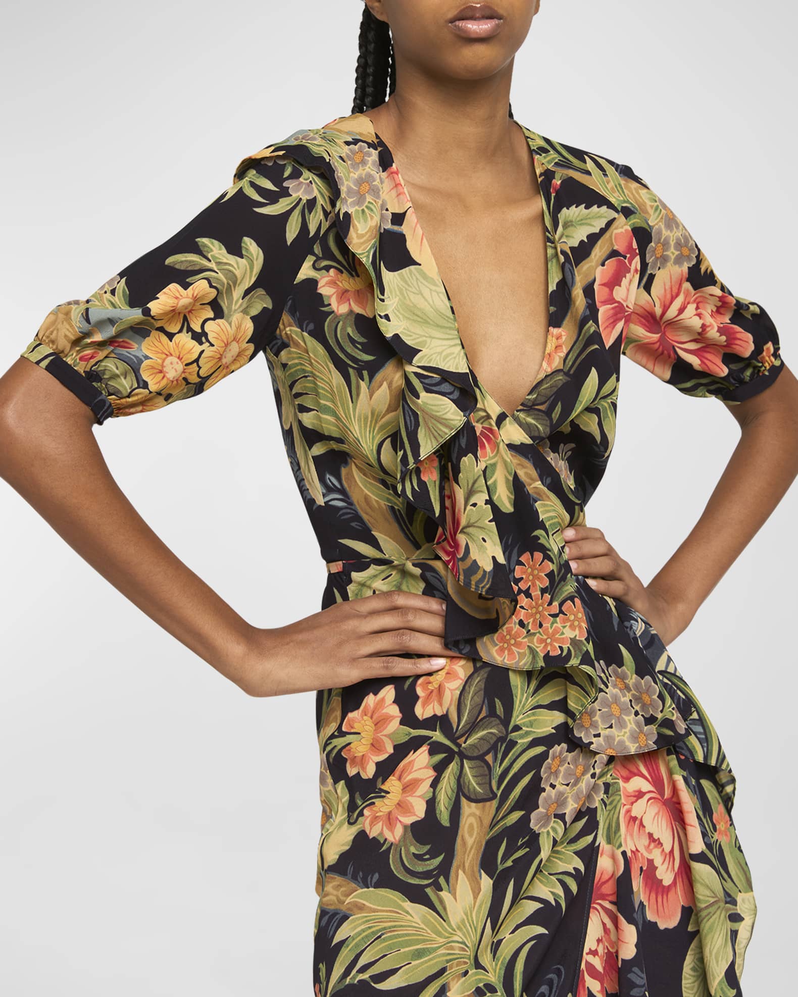 Idillium Floral Silk Georgette Ruffle Midi Wrap Dress