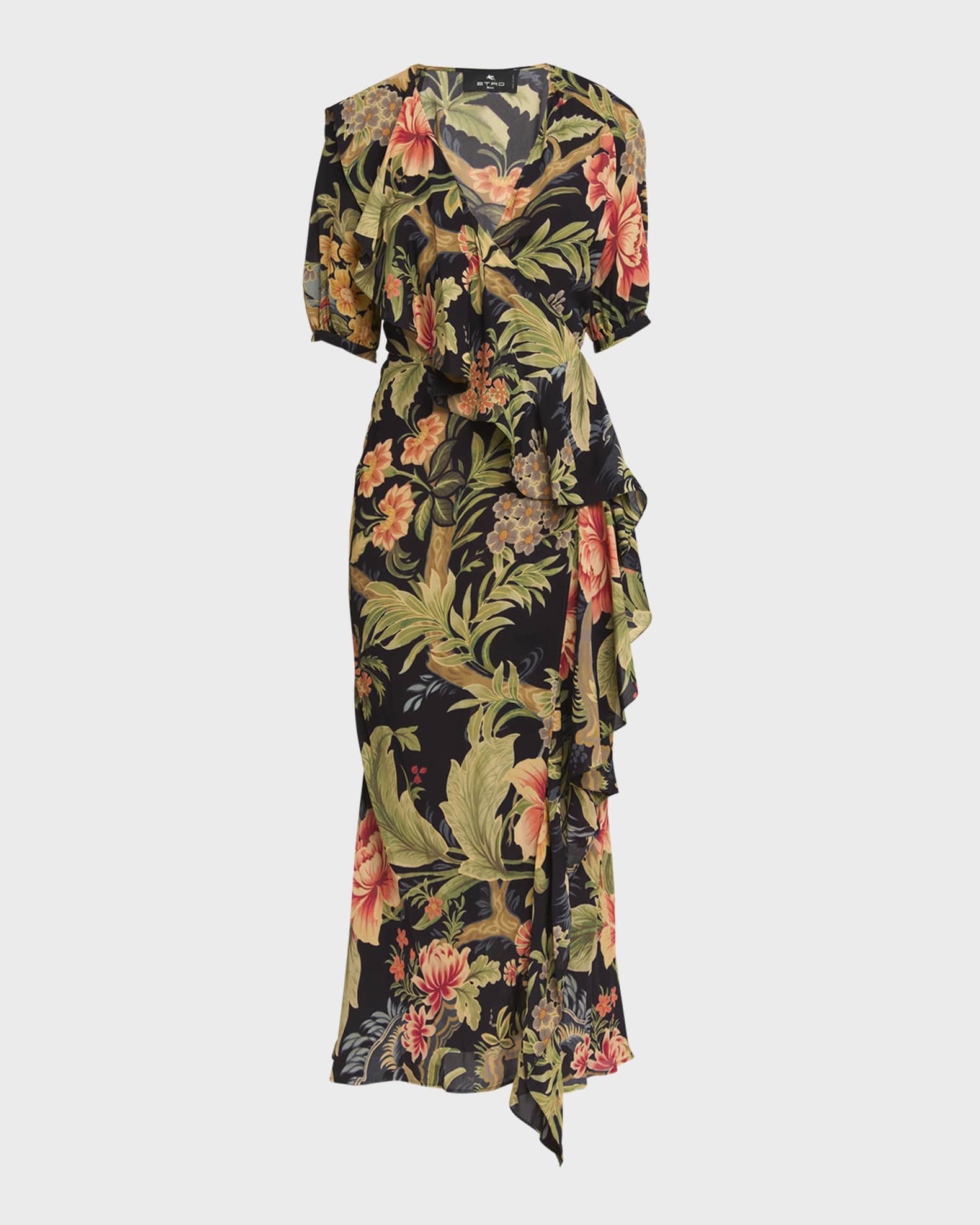 Idillium Floral Silk Georgette Ruffle Midi Wrap Dress 0
