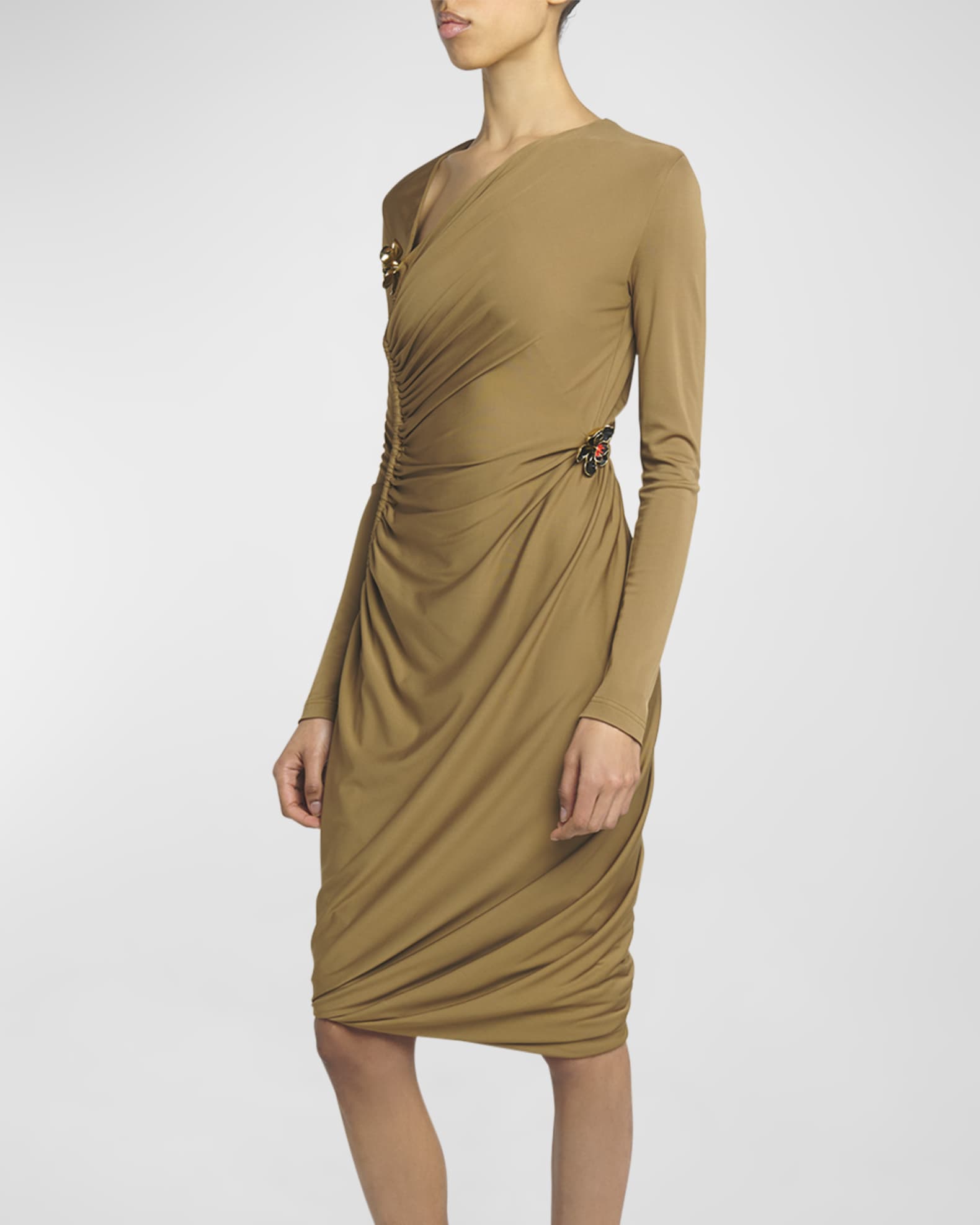 Bottega Veneta Flower-Applique Long-Sleeve Ruched Matte