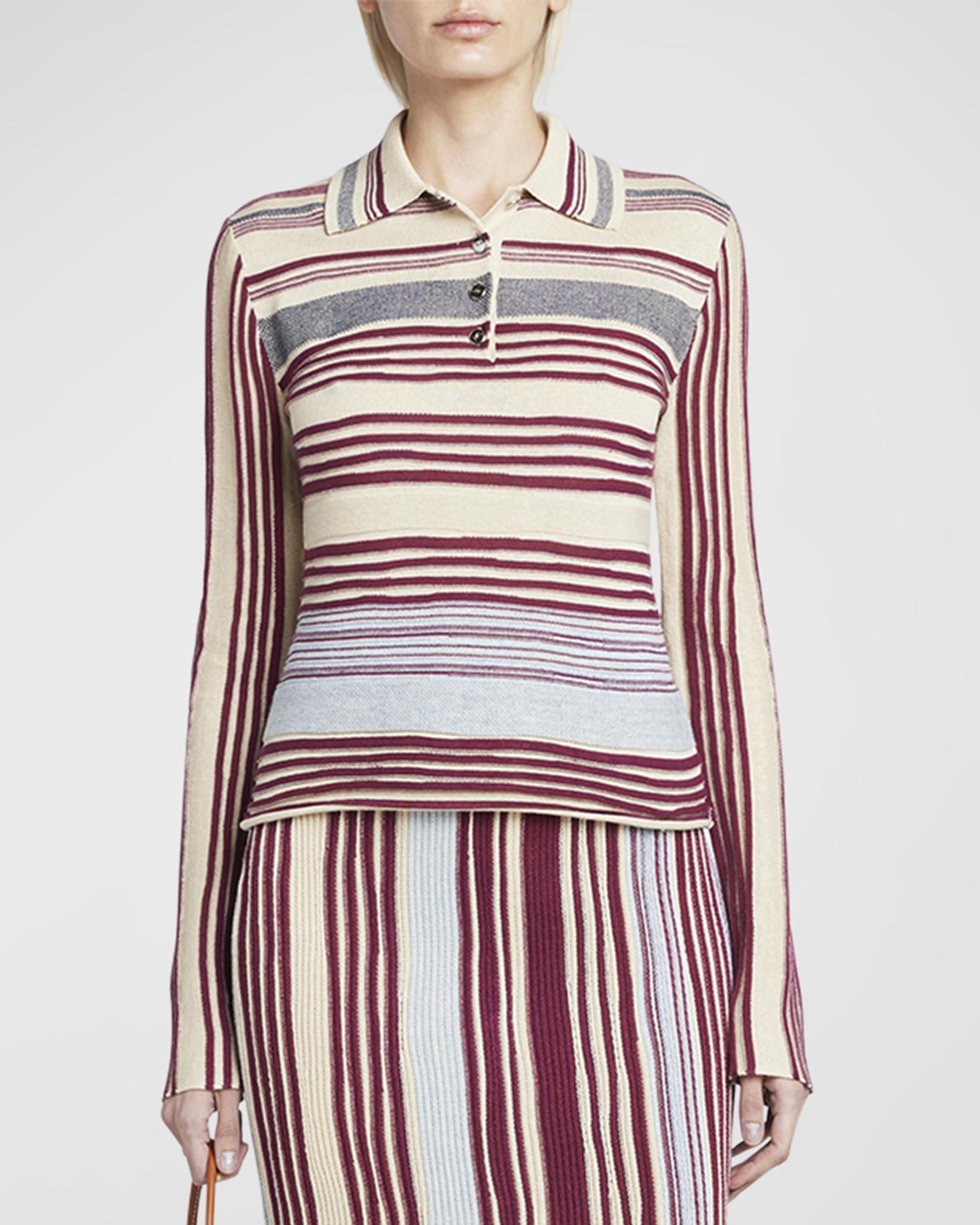 Bottega Veneta Long-Sleeve Stripe Linen Rib Polo Sweater | Neiman Marcus