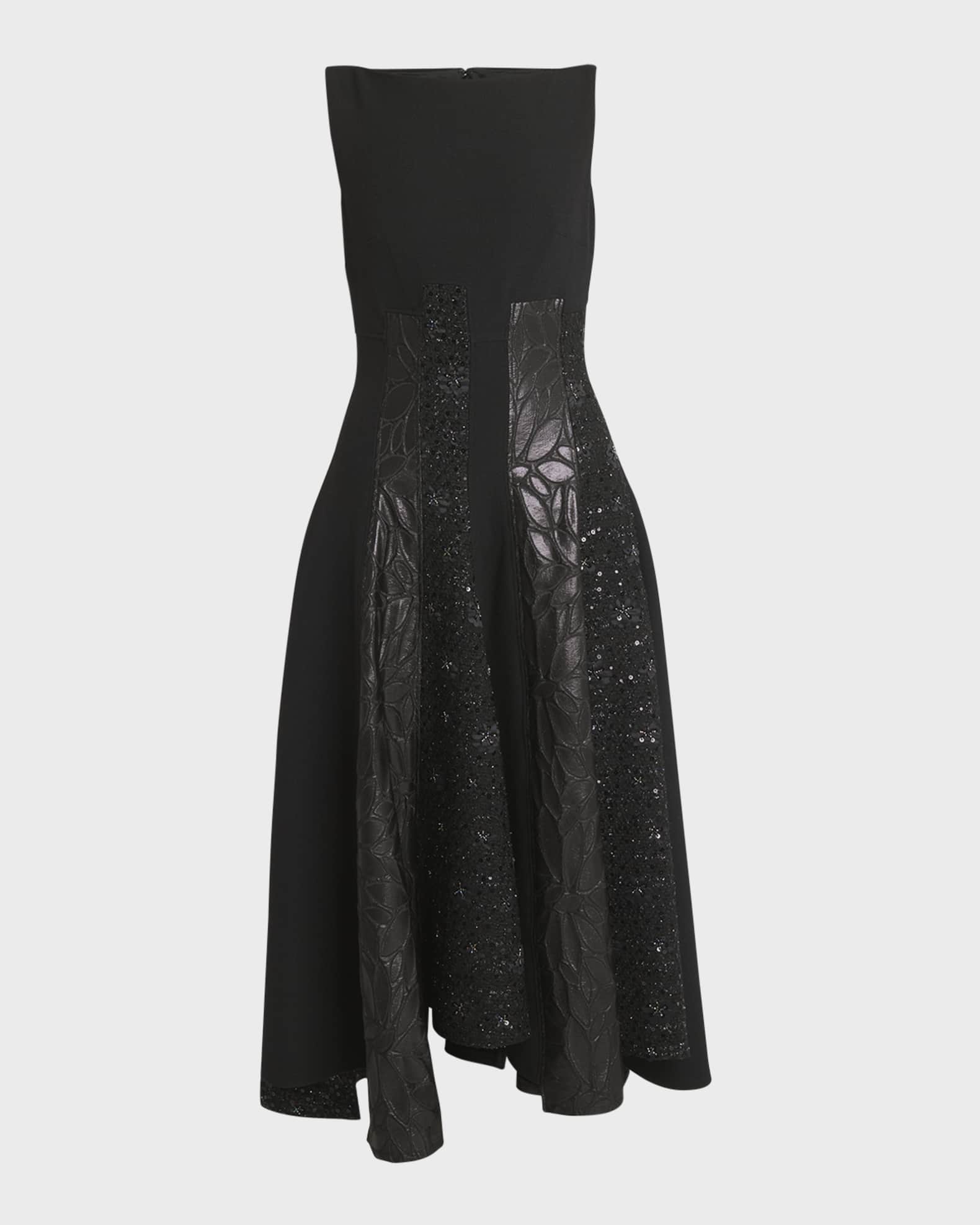 Talbot Runhof Mixed-Media Black Iris Tweed Paneled Midi Dress