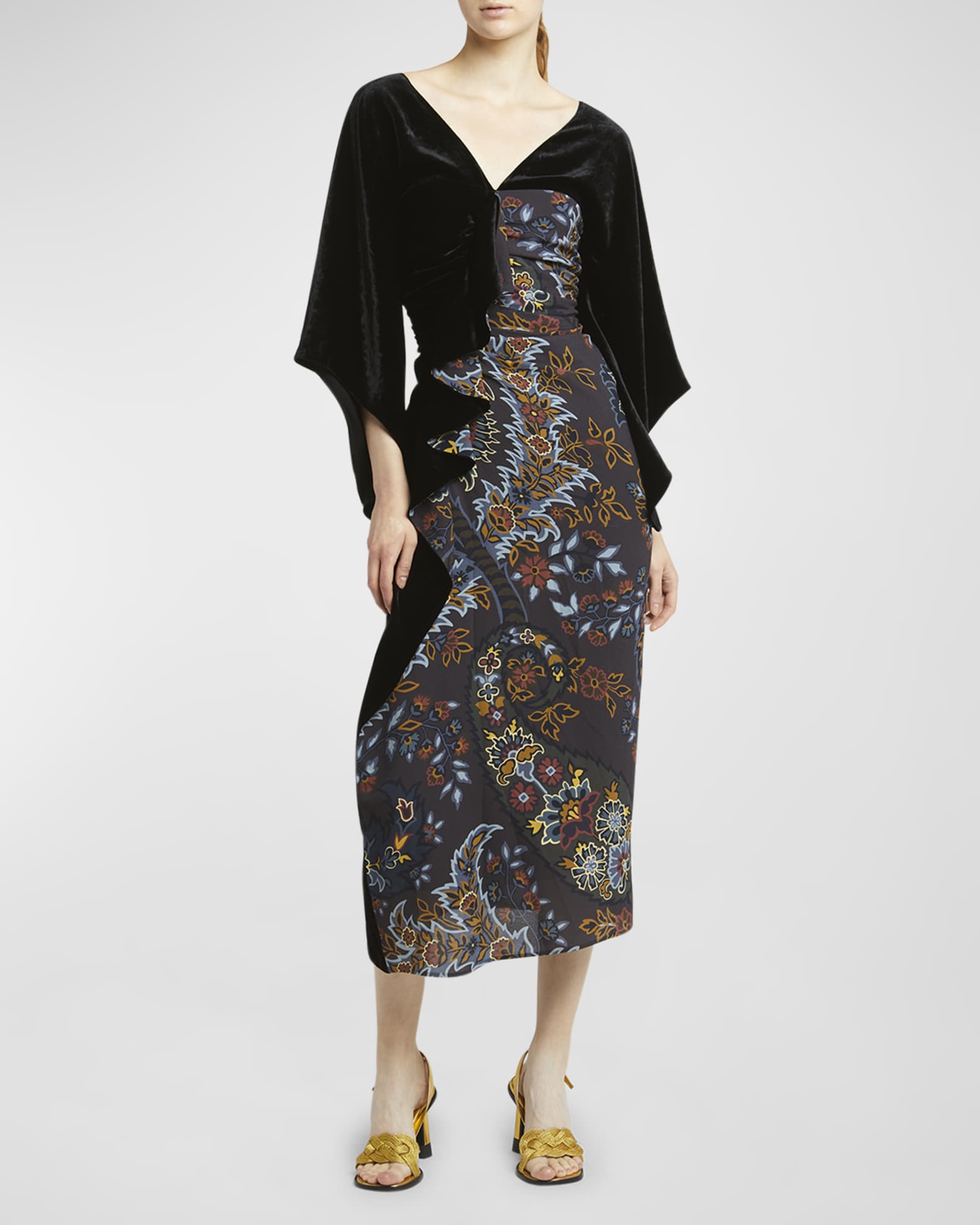 Winter Garden Paisley-Print Ruffle Velvet Midi Kimono Dress 1