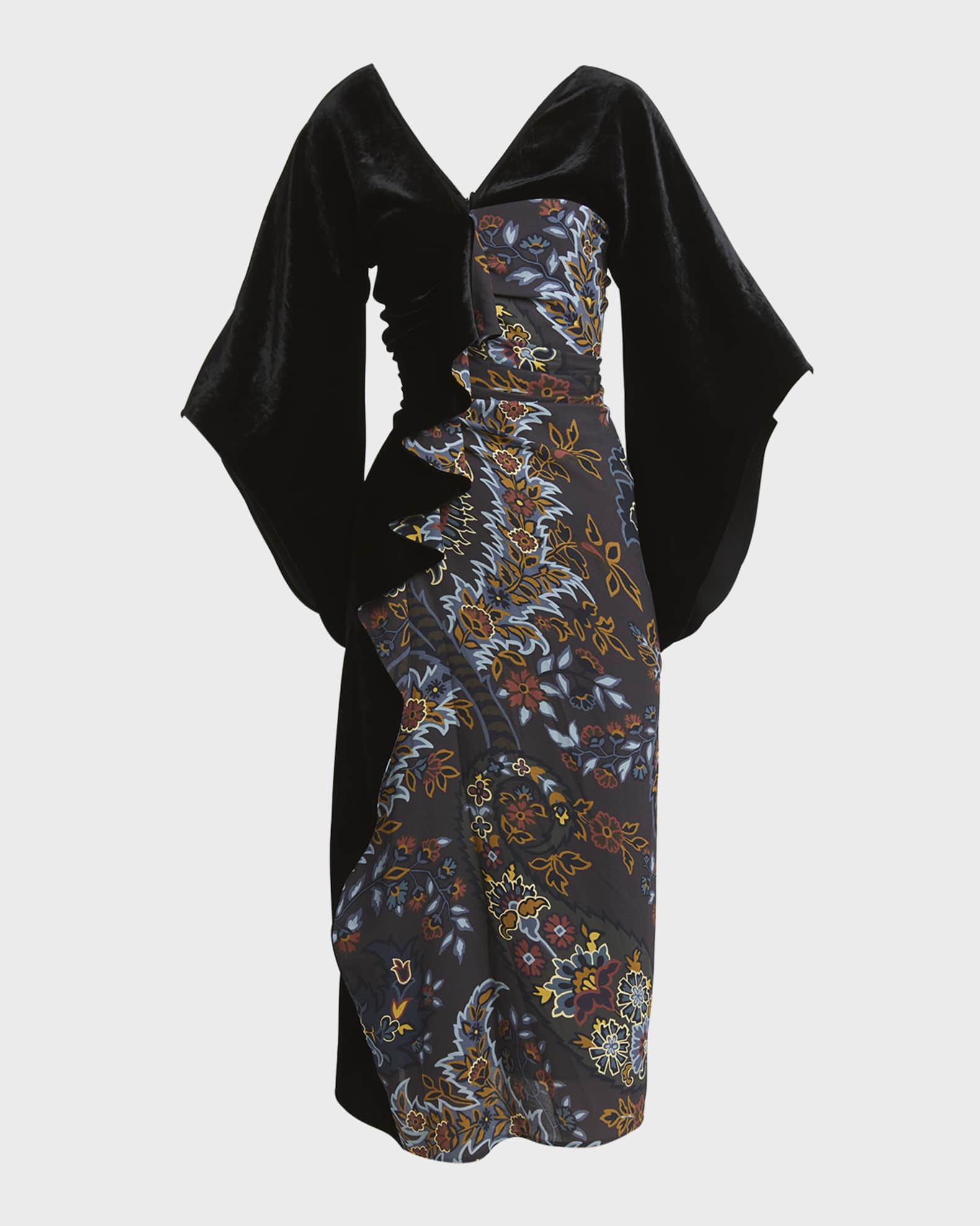 Winter Garden Paisley-Print Ruffle Velvet Midi Kimono Dress 0
