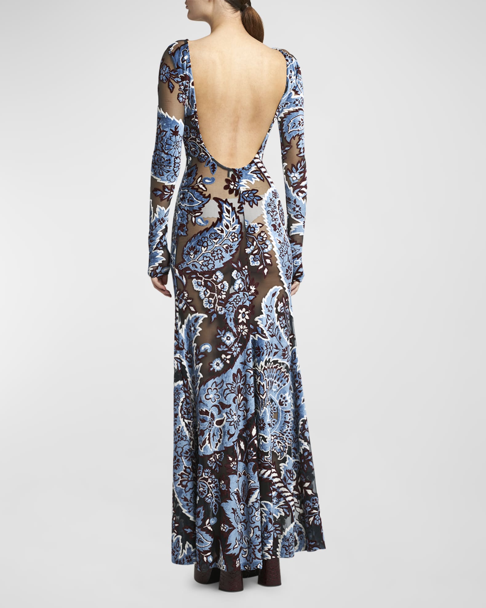 Paisley Devore Mesh Long Sleeve Backless Gown