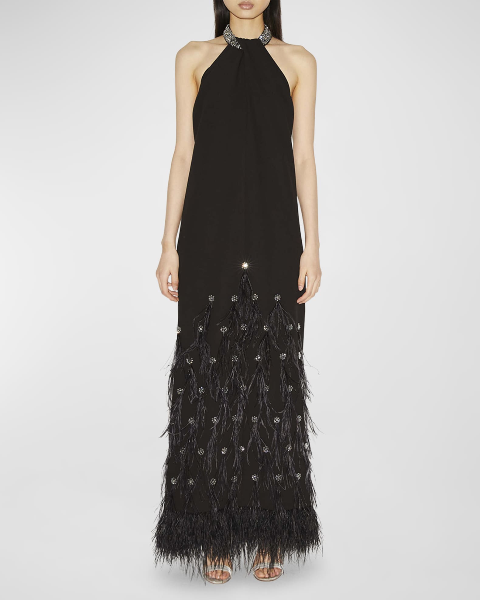 Huishan Zhang Vic Crystal Feather Halter Gown Neiman Marcus