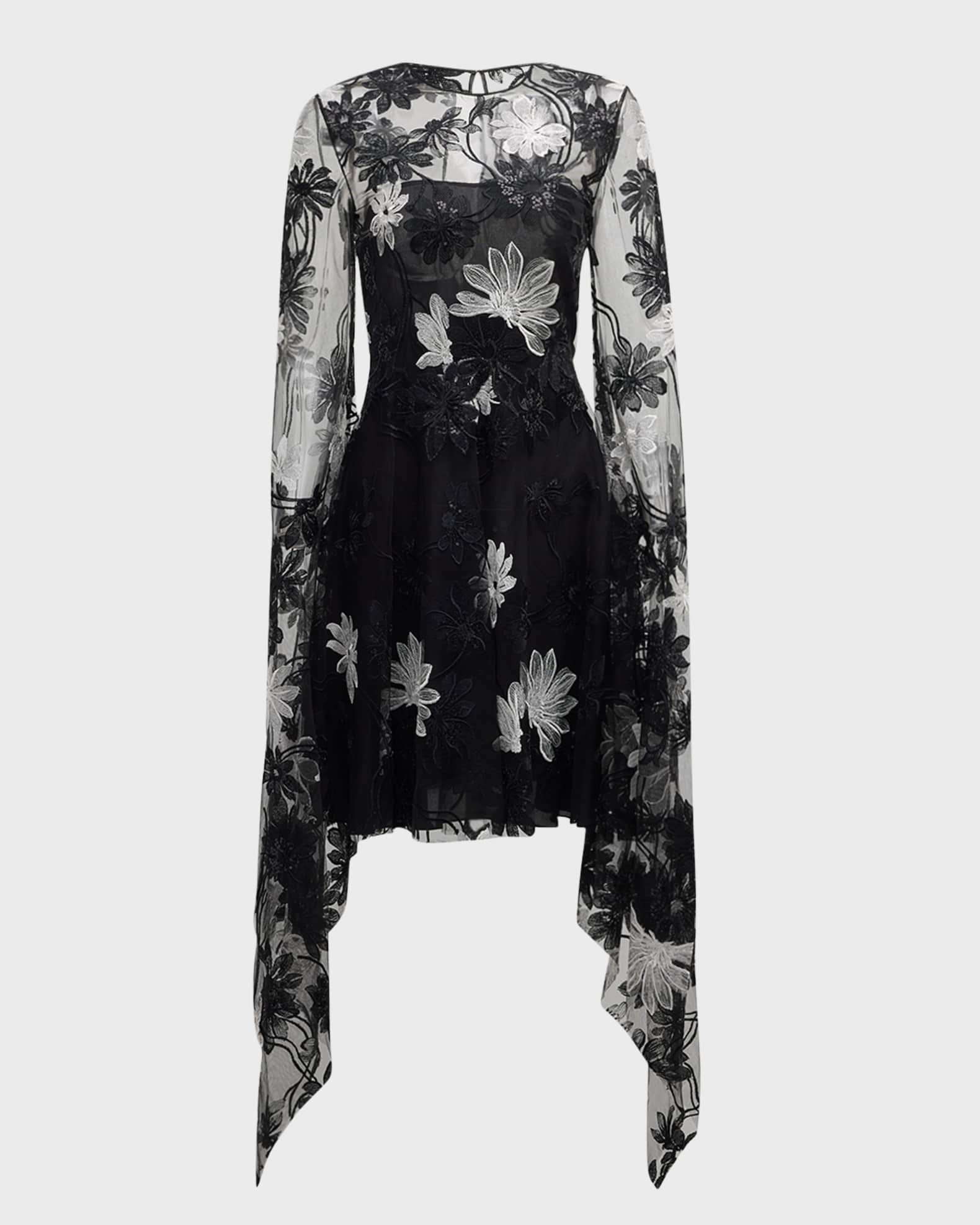 Naeem Khan Floral Lace Cascading Sleeve Dress Black White