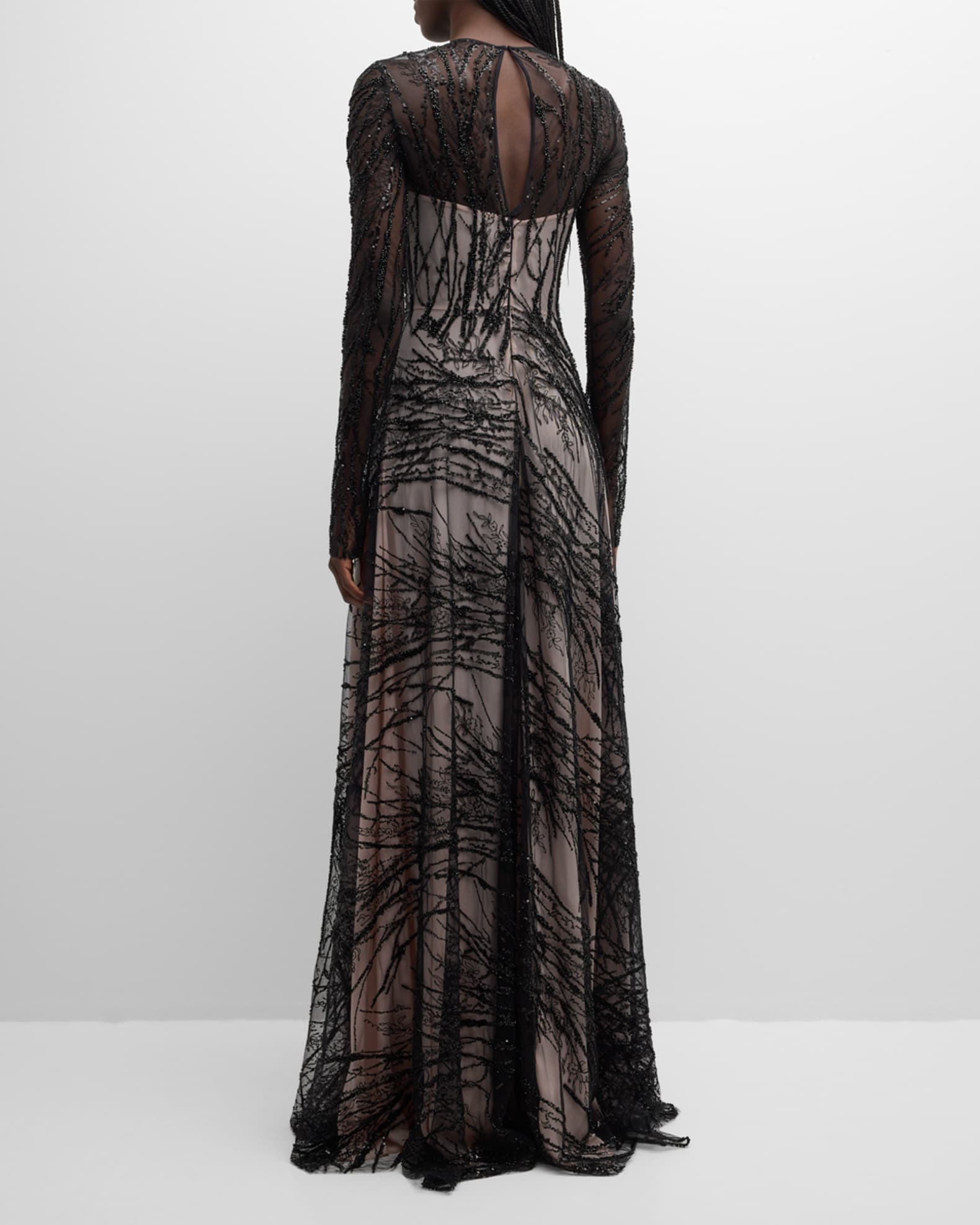 Naeem Khan Beaded Long Sleeve Illusion Gown Neiman Marcus