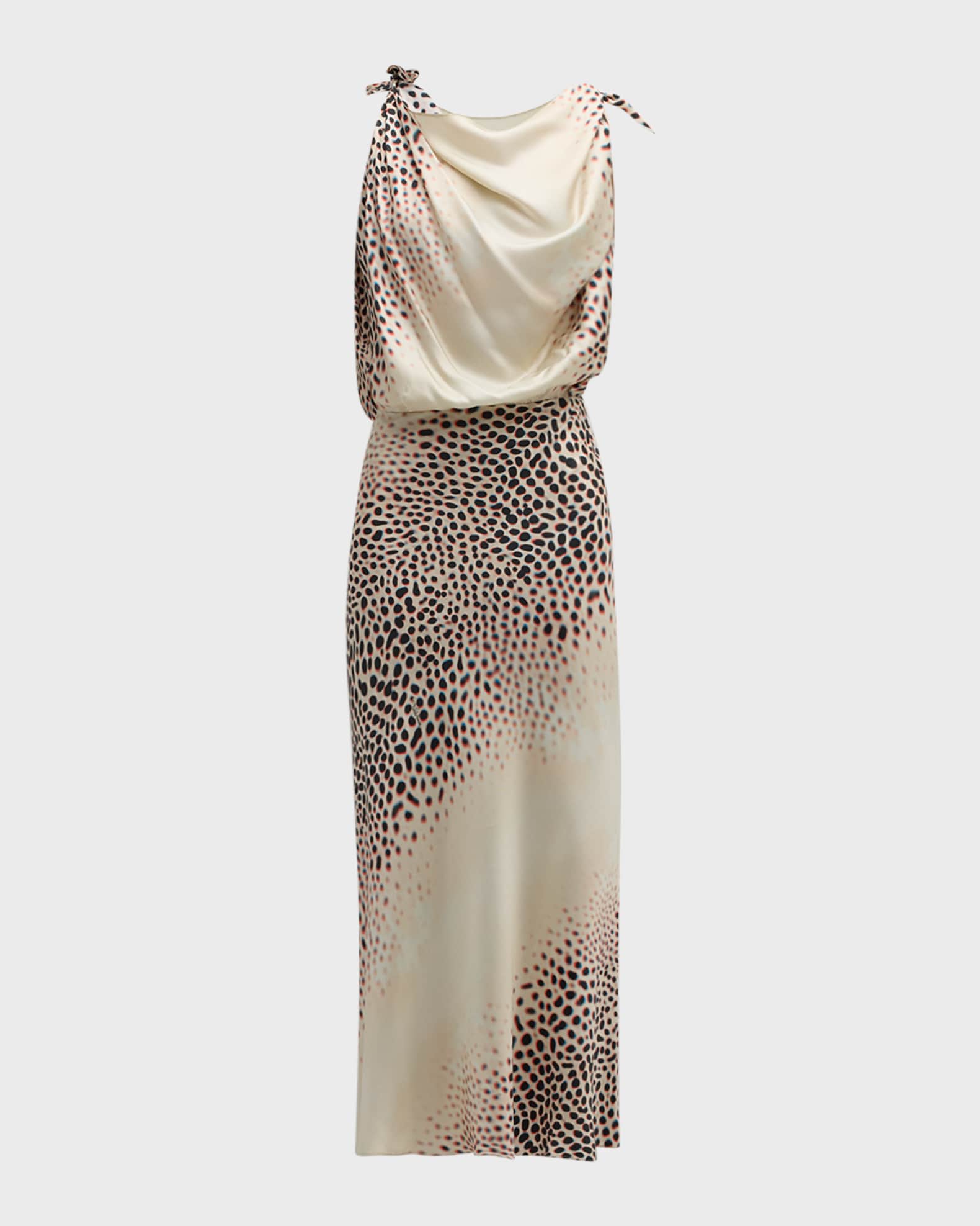 Roberto Cavalli Print Cowl-Neck Tie Shoulder Silk Gown
