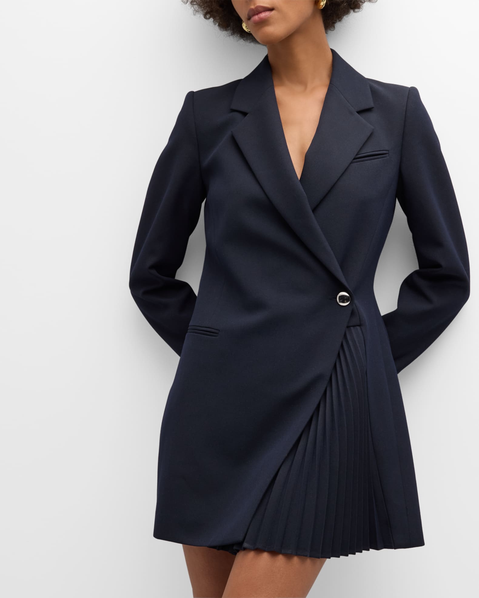 High Waist Pleated Blazer Collar Color Block Dress