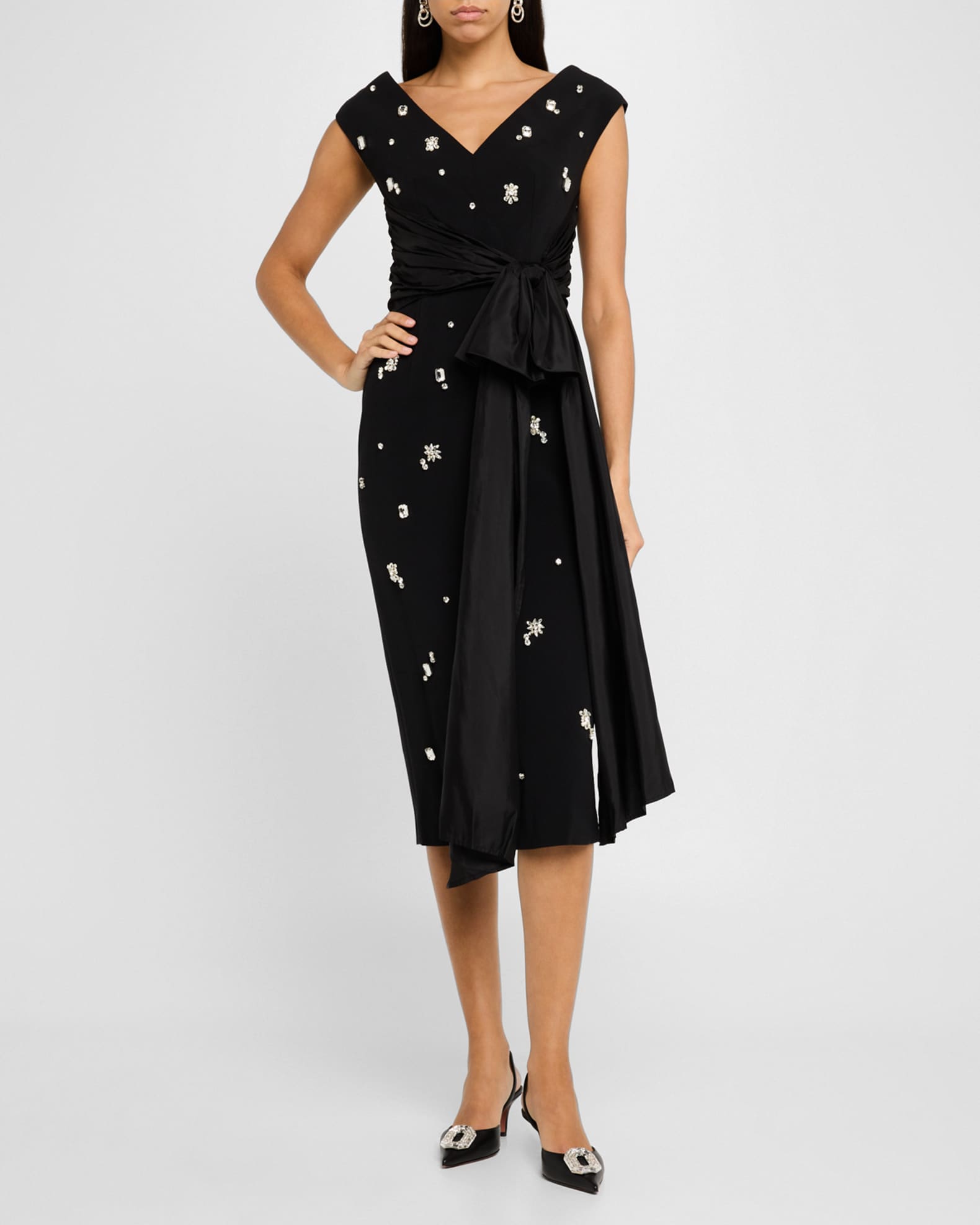 Huishan Zhang Kinsley Crystal SatinSash Midi Dress Neiman Marcus