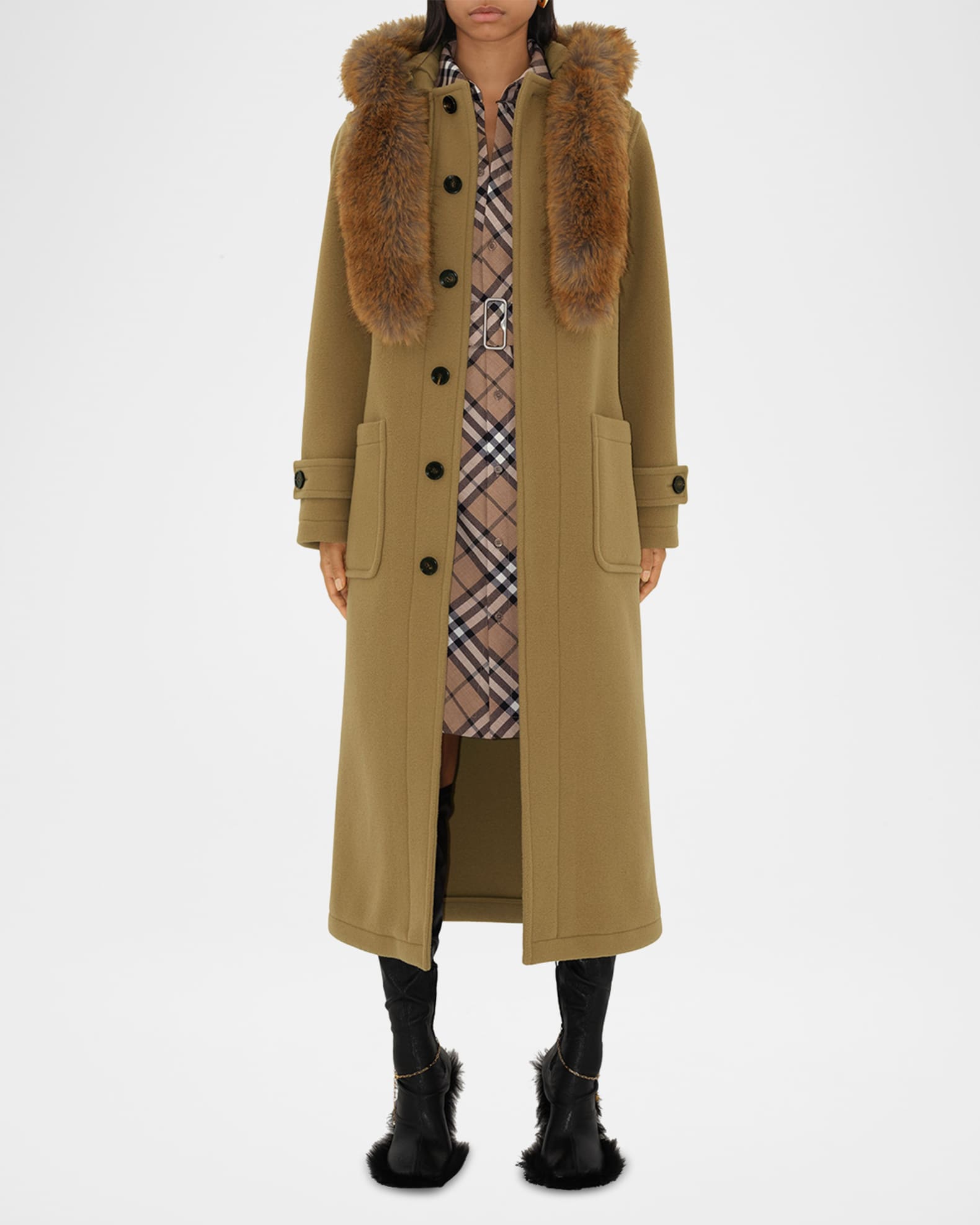 Burberry Women s Faux Fur Trim Wool Duffle Coat Camel Size 8