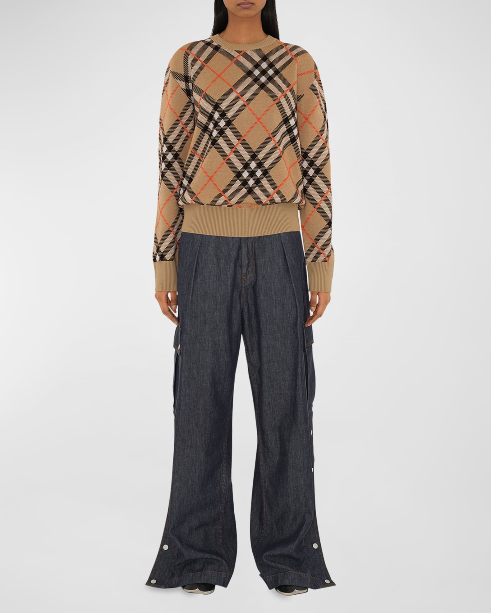 Burberry Check Long Sleeve Crewneck Sweater Neiman Marcus