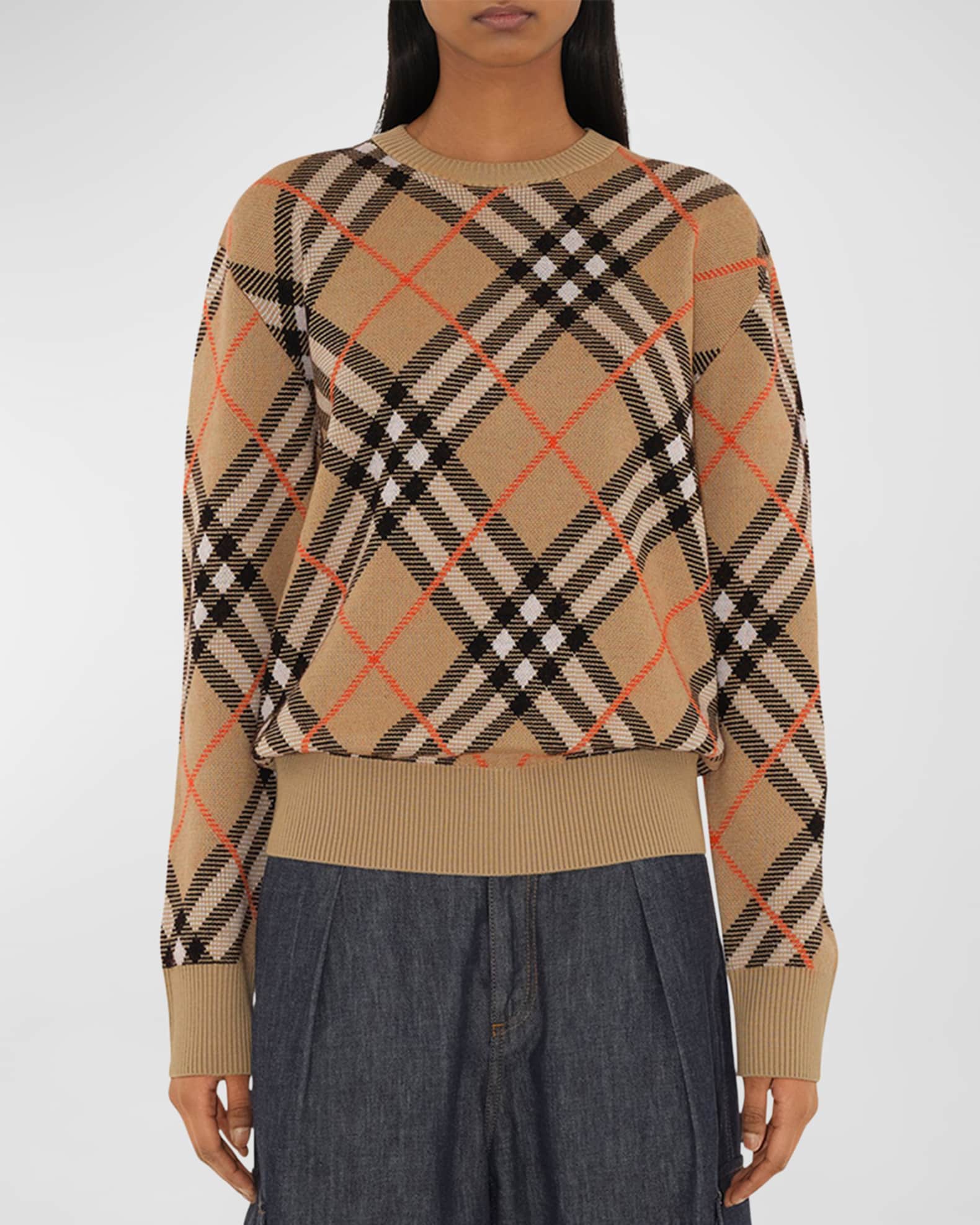 Burberry Check Long Sleeve Crewneck Sweater Neiman Marcus