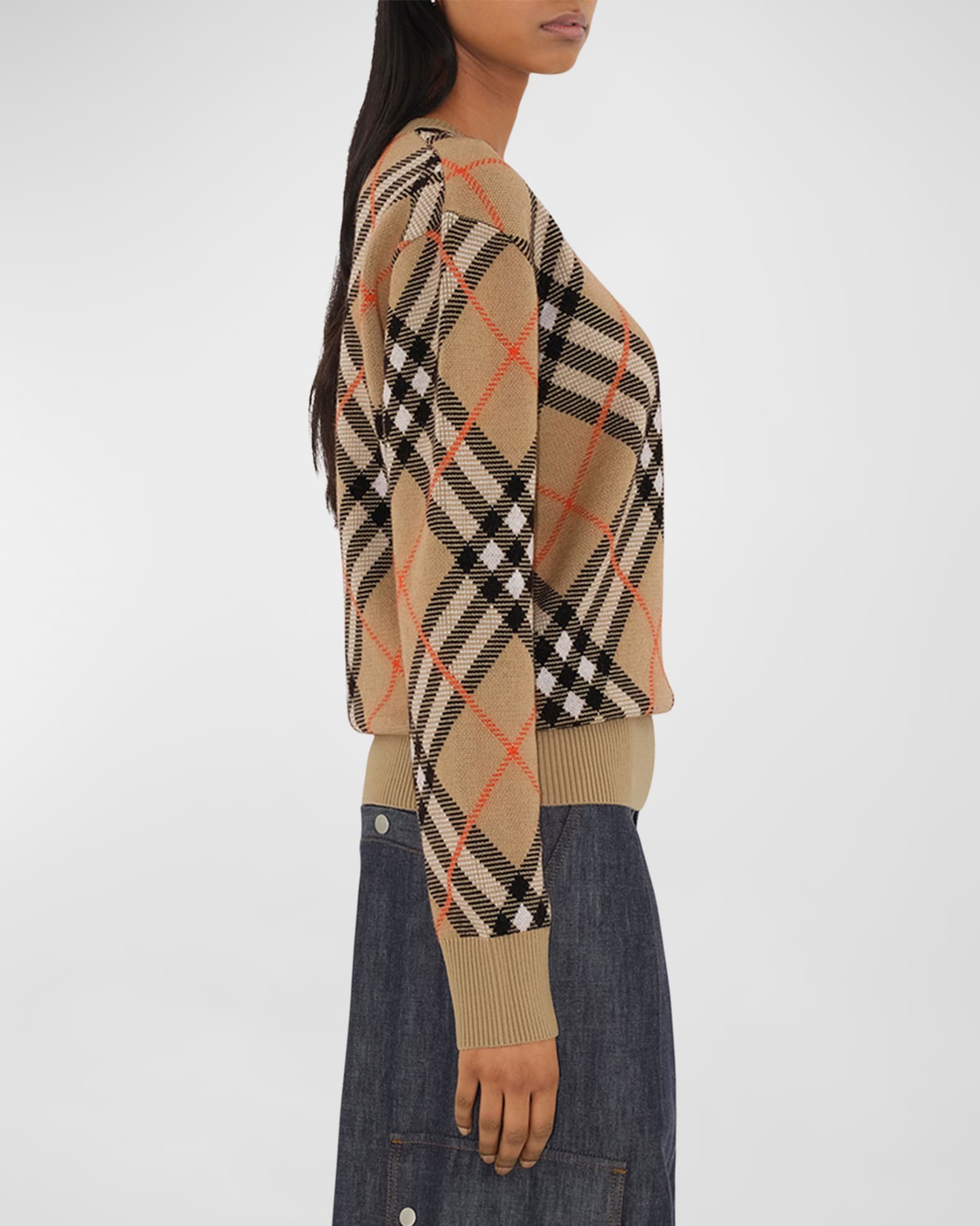 Burberry Check Long-Sleeve Crewneck Sweater | Neiman Marcus