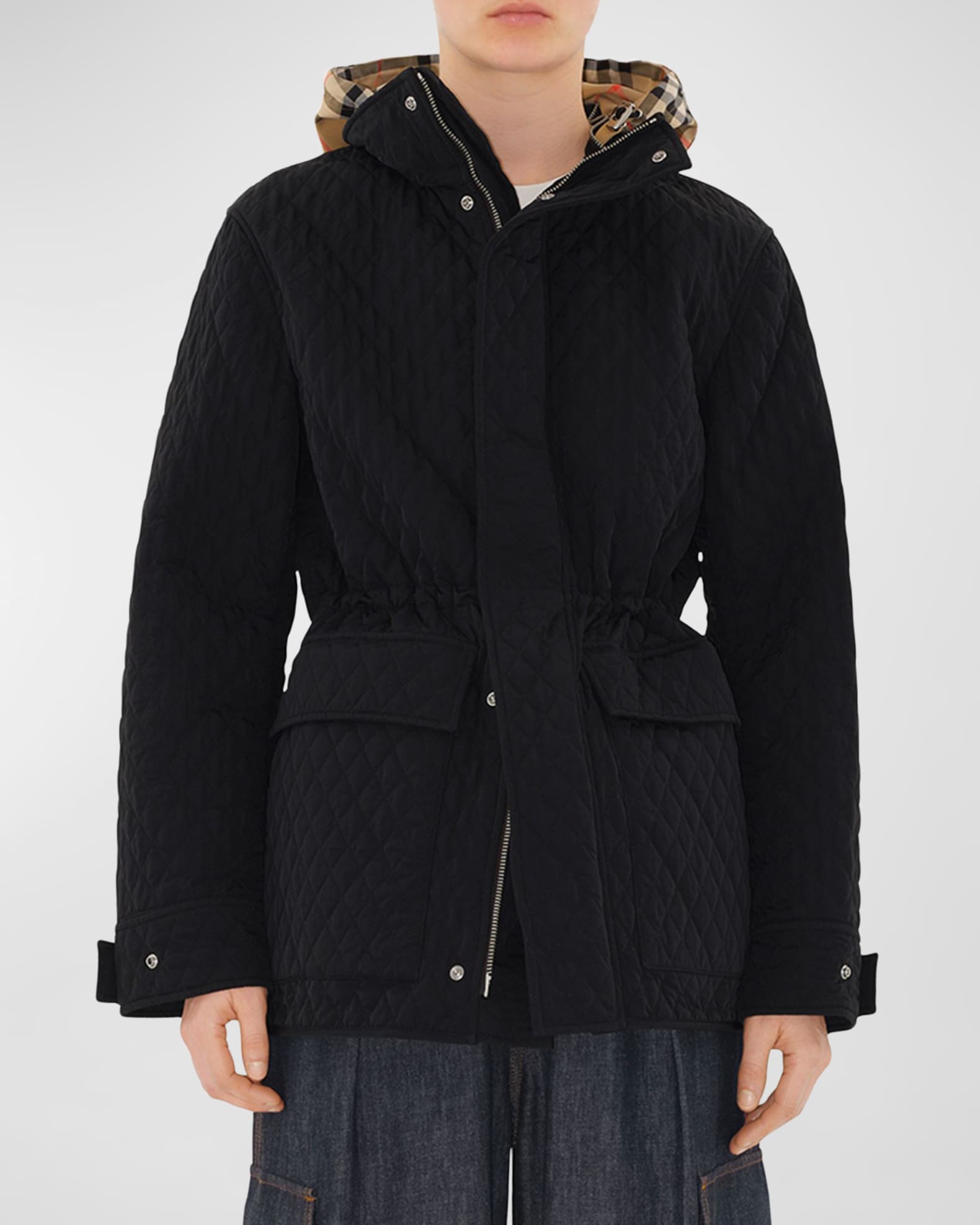 Check Hood Short Quilted Parka Jacket