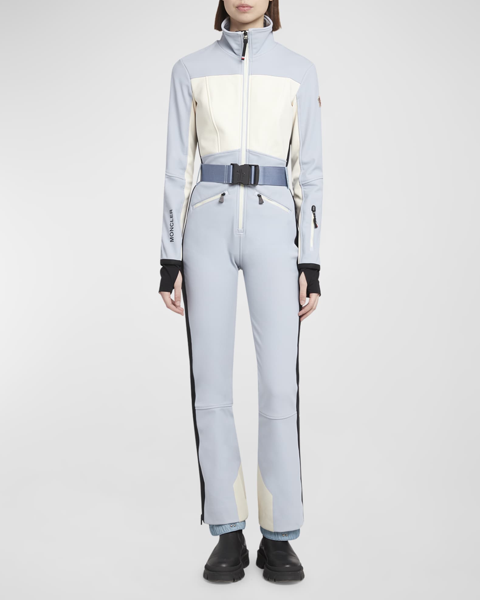 Moncler All in One Belted Colorblock Ski Suit Light Pink