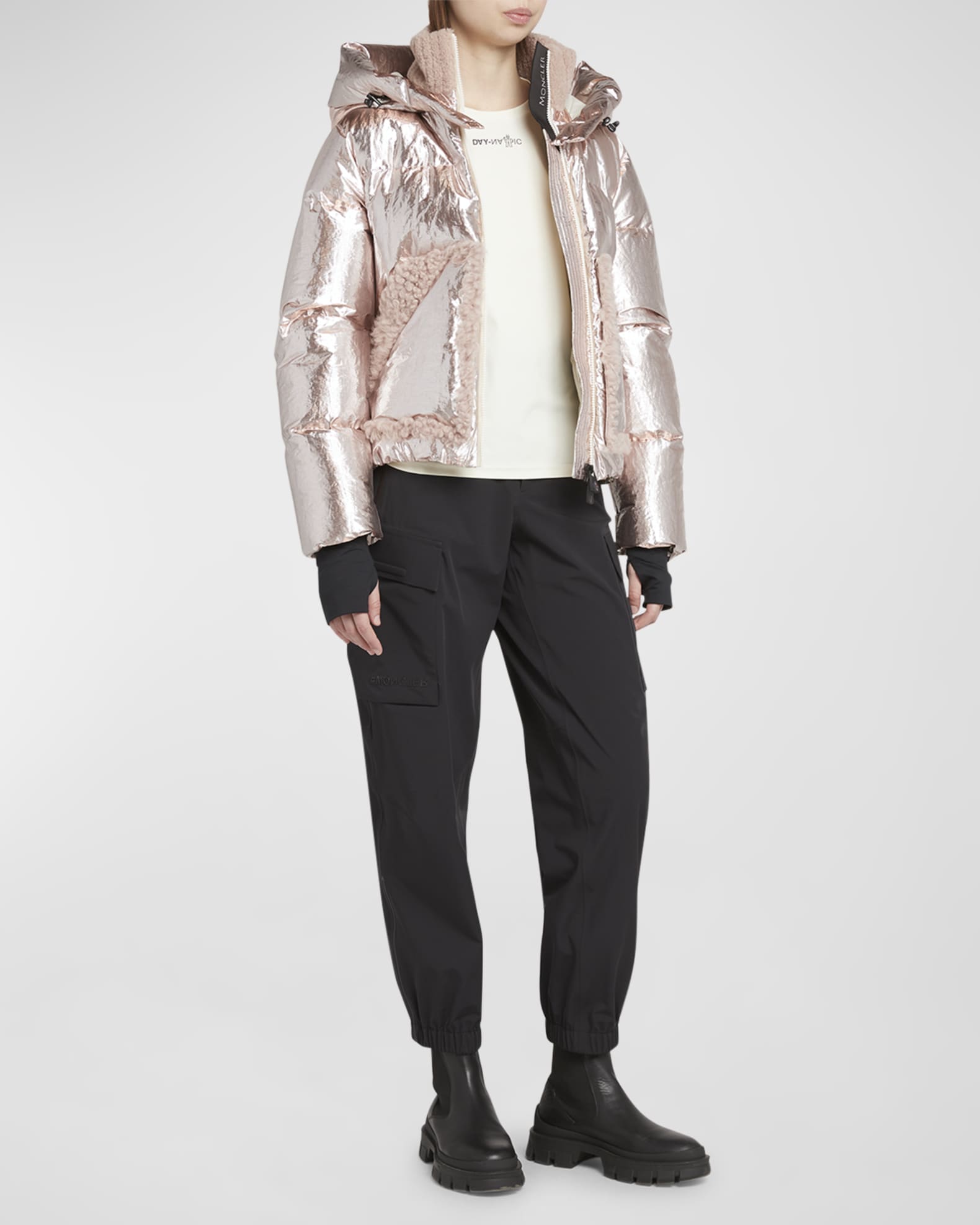 Moncler Grenoble Trevelin Metallic Puffer Jacket with Shearling Trim Neiman Marcus